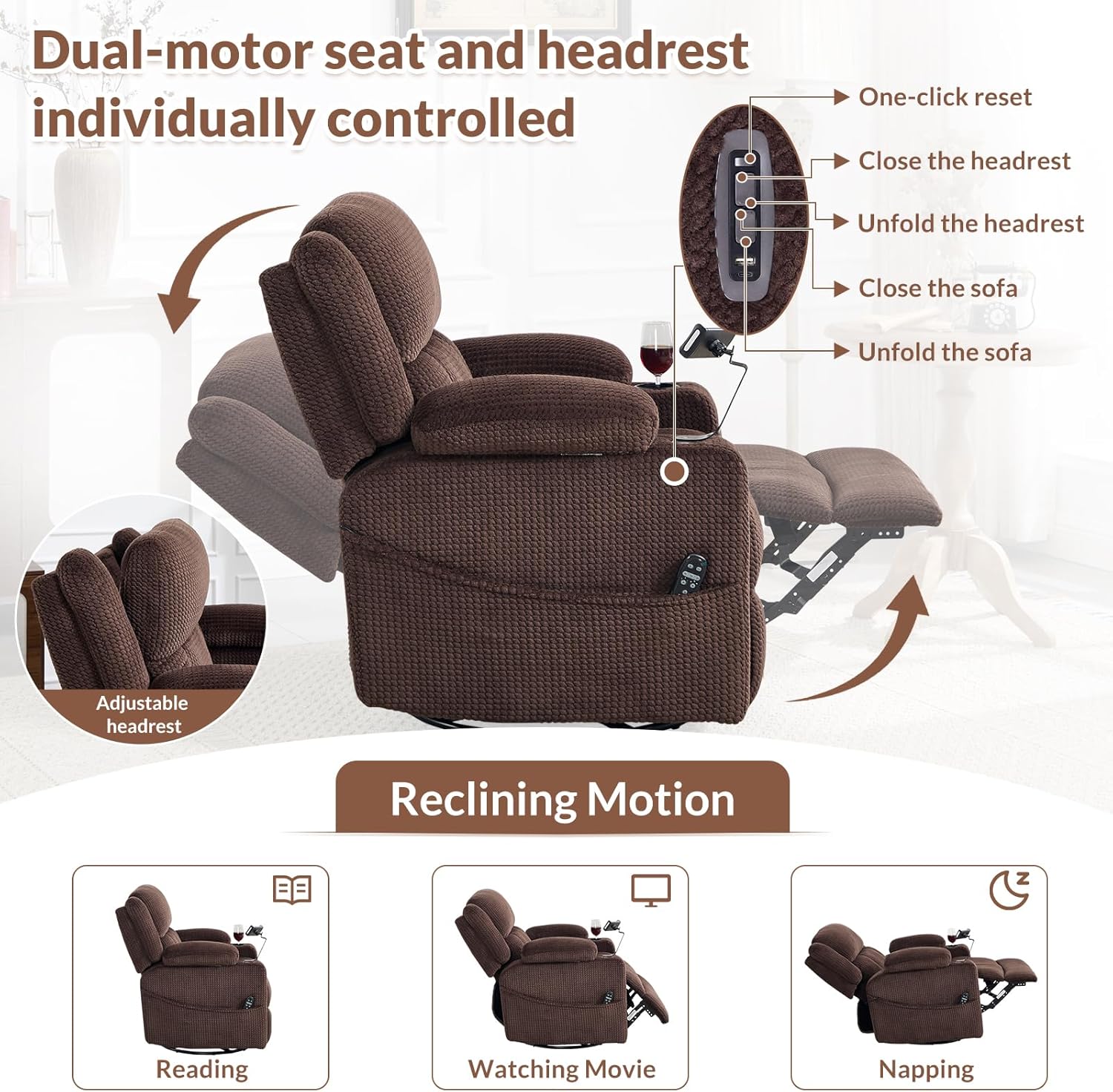 ANJ Dual Motor Large Power Recliner Chair with Massage and Heat, 270°Swivel Rocker Recliners with Adjustable Headrest, Cup Holder, Armrest Storage, Phone Holder, USB&Type-C Port for Living Room, Brown
