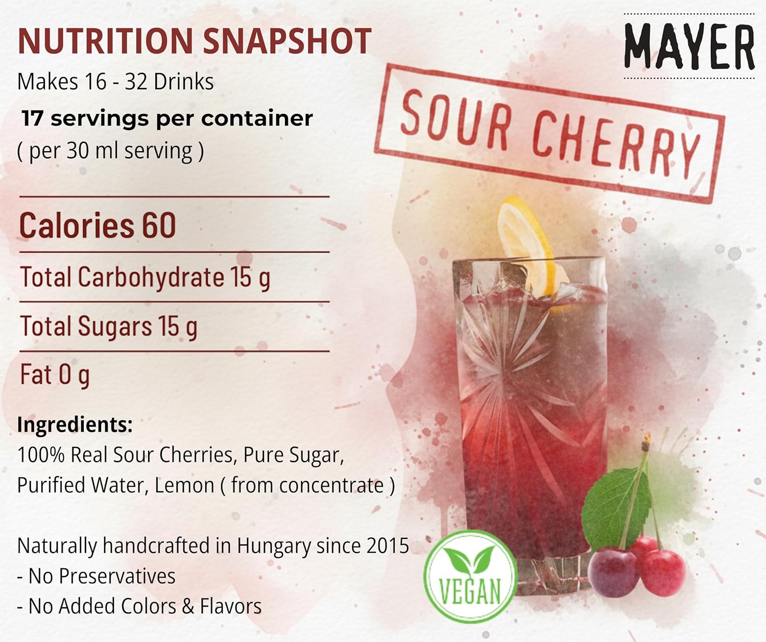 Mayer Sour Cherry Syrup – Award-Winning Cherry Syrup for drinks, All-Natural, Gluten-Free (16.9 oz) – Ideal Cocktail & Drink Mixer, and Coffee Syrup, No Artificial Additives. (2 Pack)