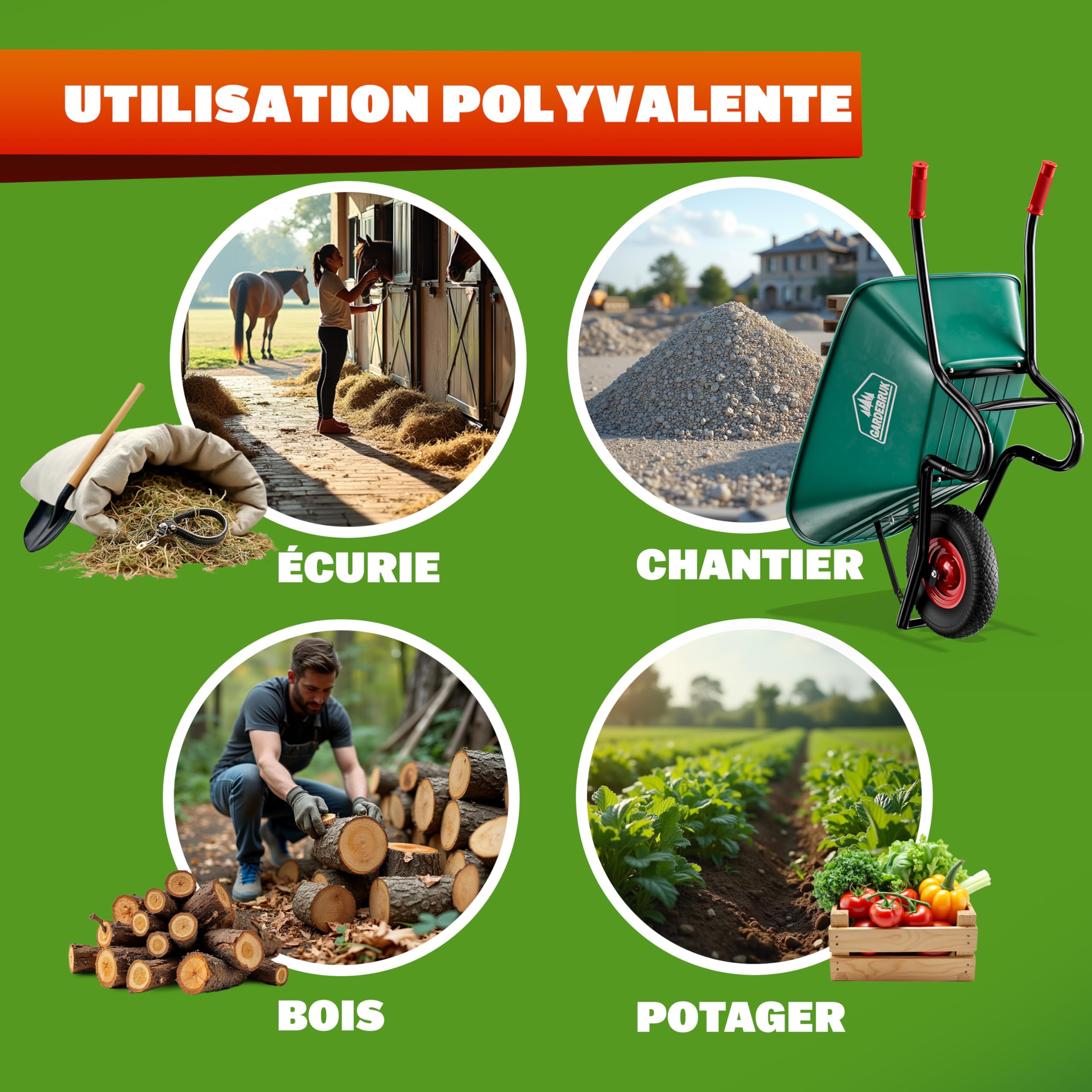 GARDEBRUK® Brouettes Wheelbarrow Brouette Roue Pleine 100 L Charge 250 Kg Cuve en Polypropylène Résistante en Acier Thermolaqué Roue 39 Cm Tout Terrain Jardin Terrasse Chantier
