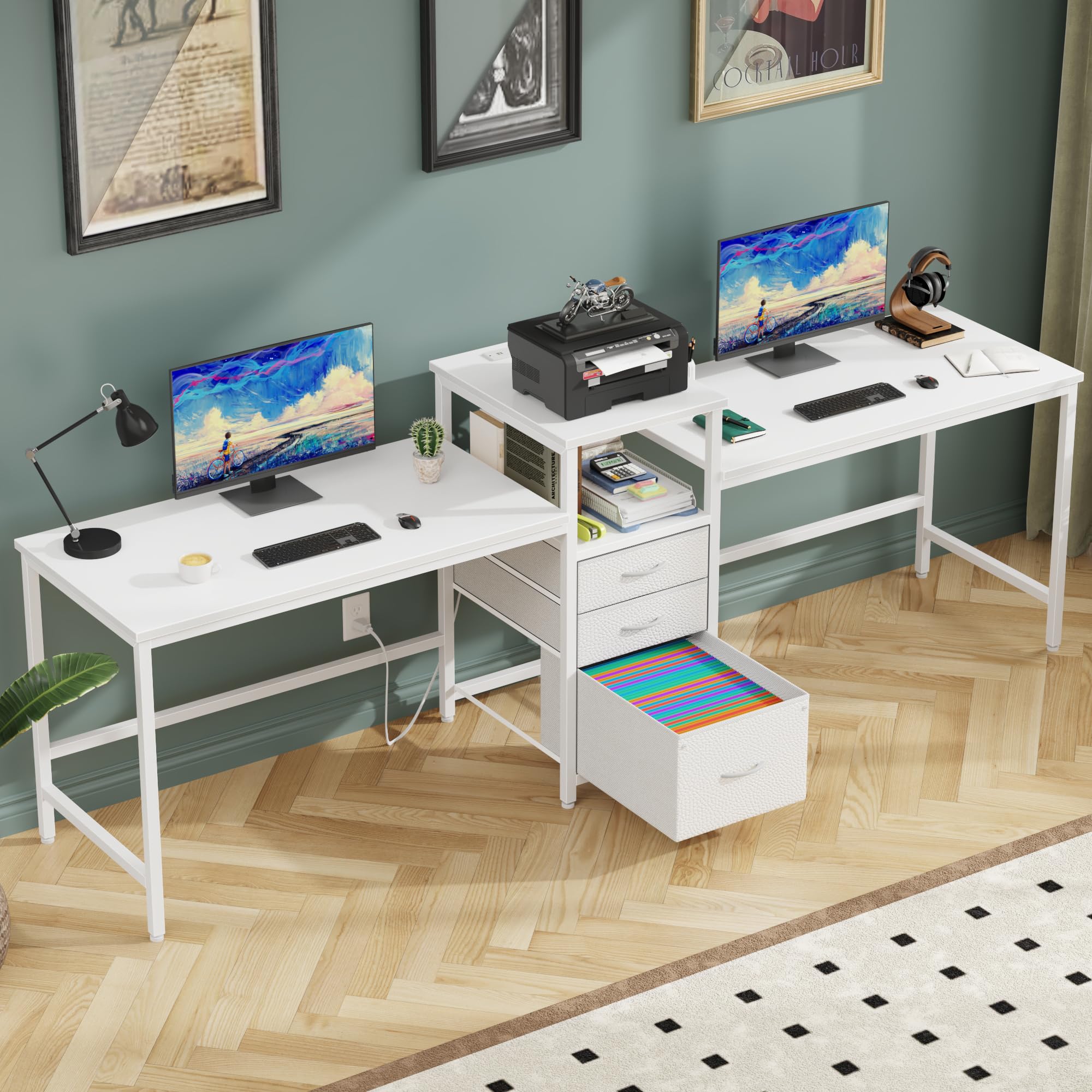 GYIIYUO 93'' Two Person Desk with Charging Station, Long Desk with 3 Drawers and Printer Shelf, Double Computer Desk, 2 Person Writing Study Table
