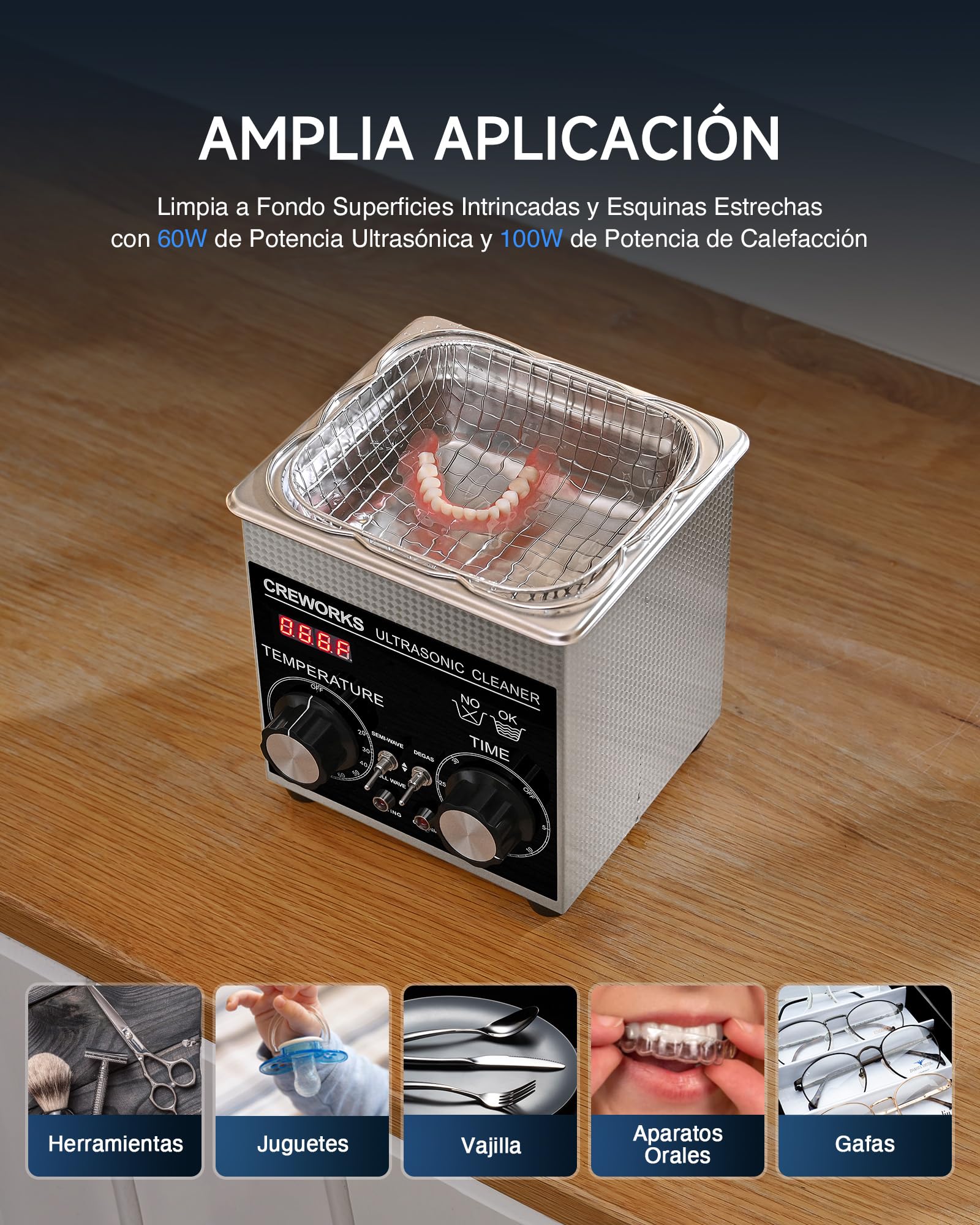 CREWORKS 1.3L Limpiador de Ultrasonidos con Temporizador y Calentador Limpiador Ultrasónico de Acero Inoxidabale Máquina de Ultrasonidos para Limpieza de Gafas/Joyas/Anillos (1,3 L)