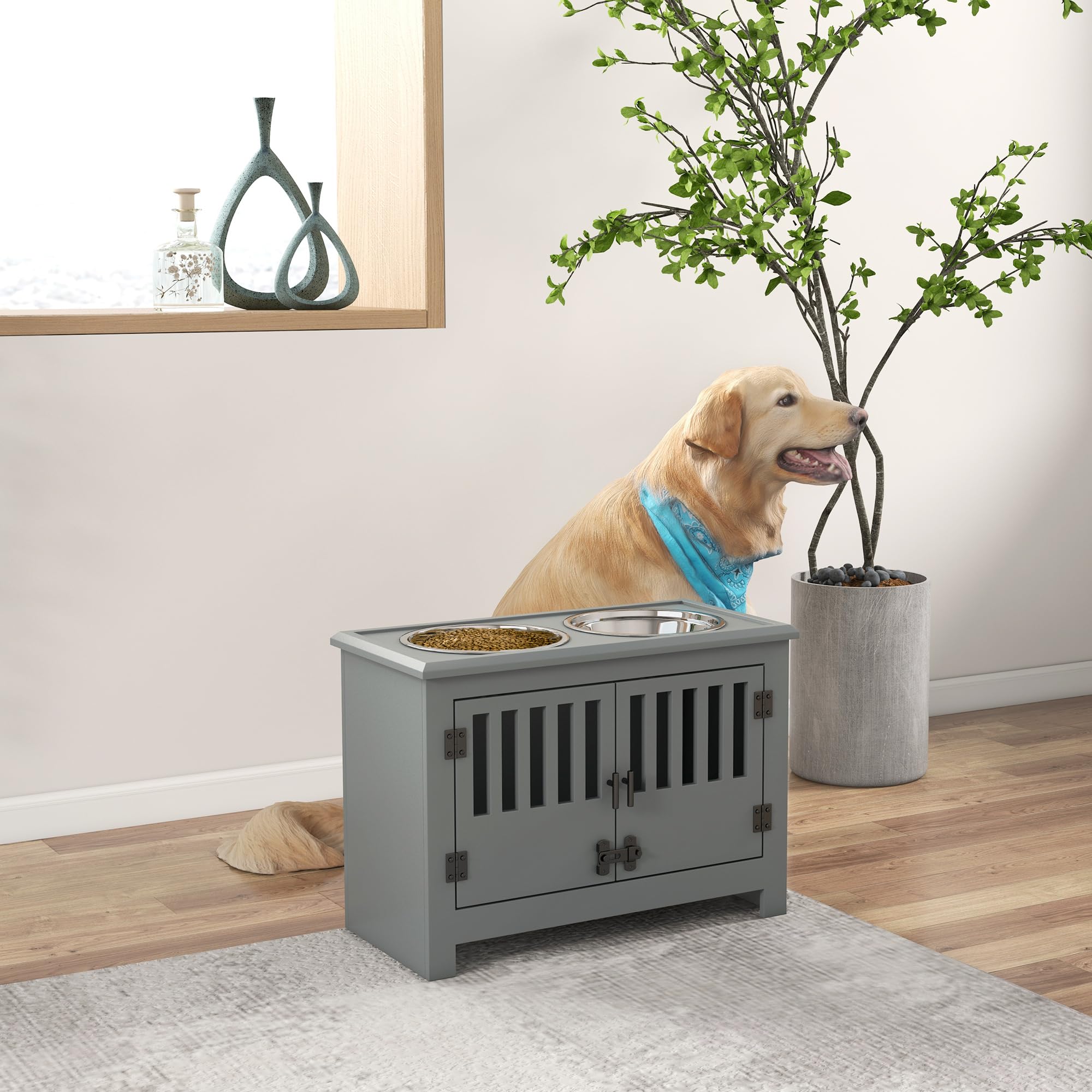 PawHut Raised Dog Bowls for Large Dogs Feeding Station w/Stand, Storage - Grey, 43H x 30W x 60L cm - Image 2