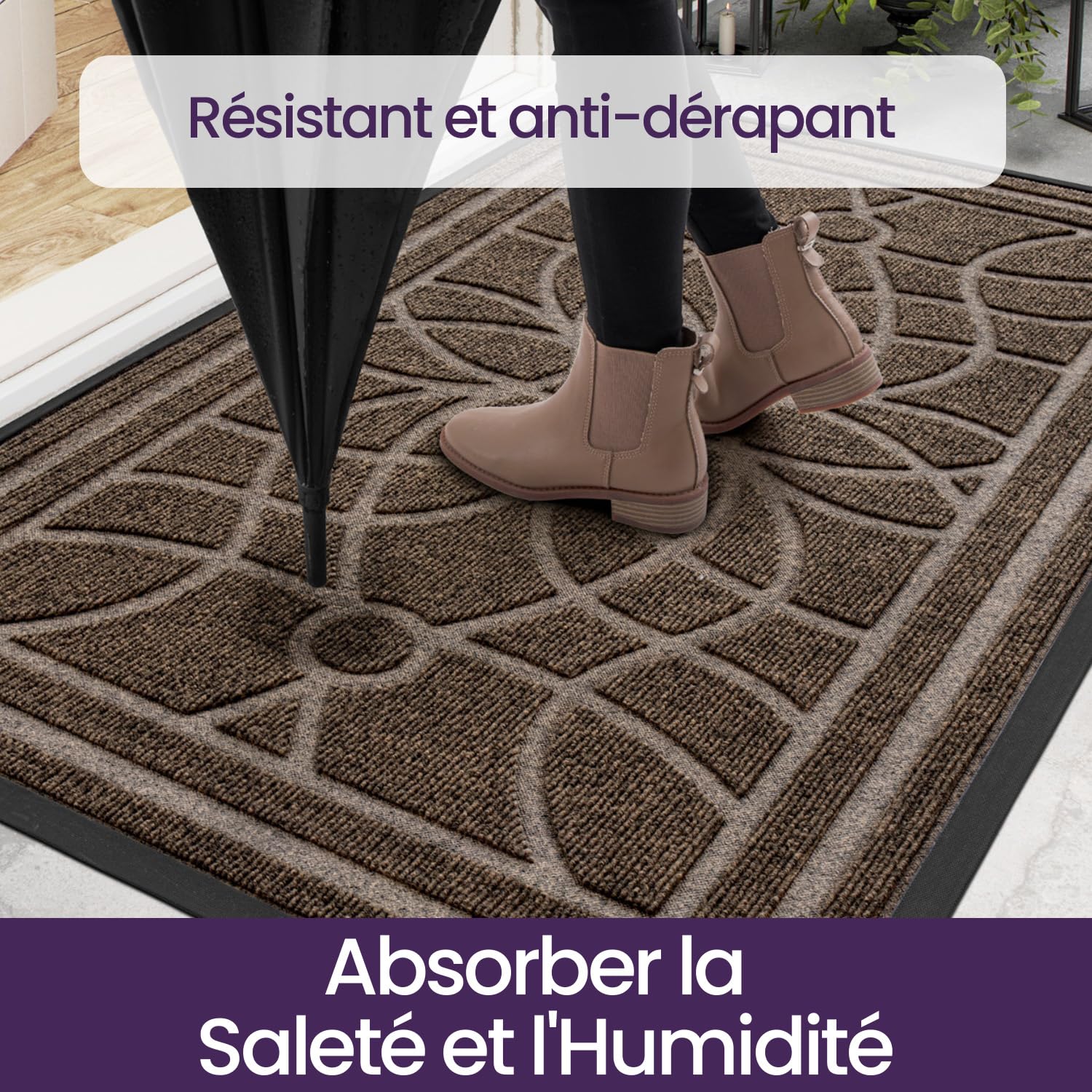 DEXI Paillasson Interieur Entree 60 x 120 cm, Tapis d'entrée Antidérapant, Tapis de Porte Absorbant et Résistant, Tapis pour Intérieur, Extérieur, Couloir, Jardin, Cour, Brun