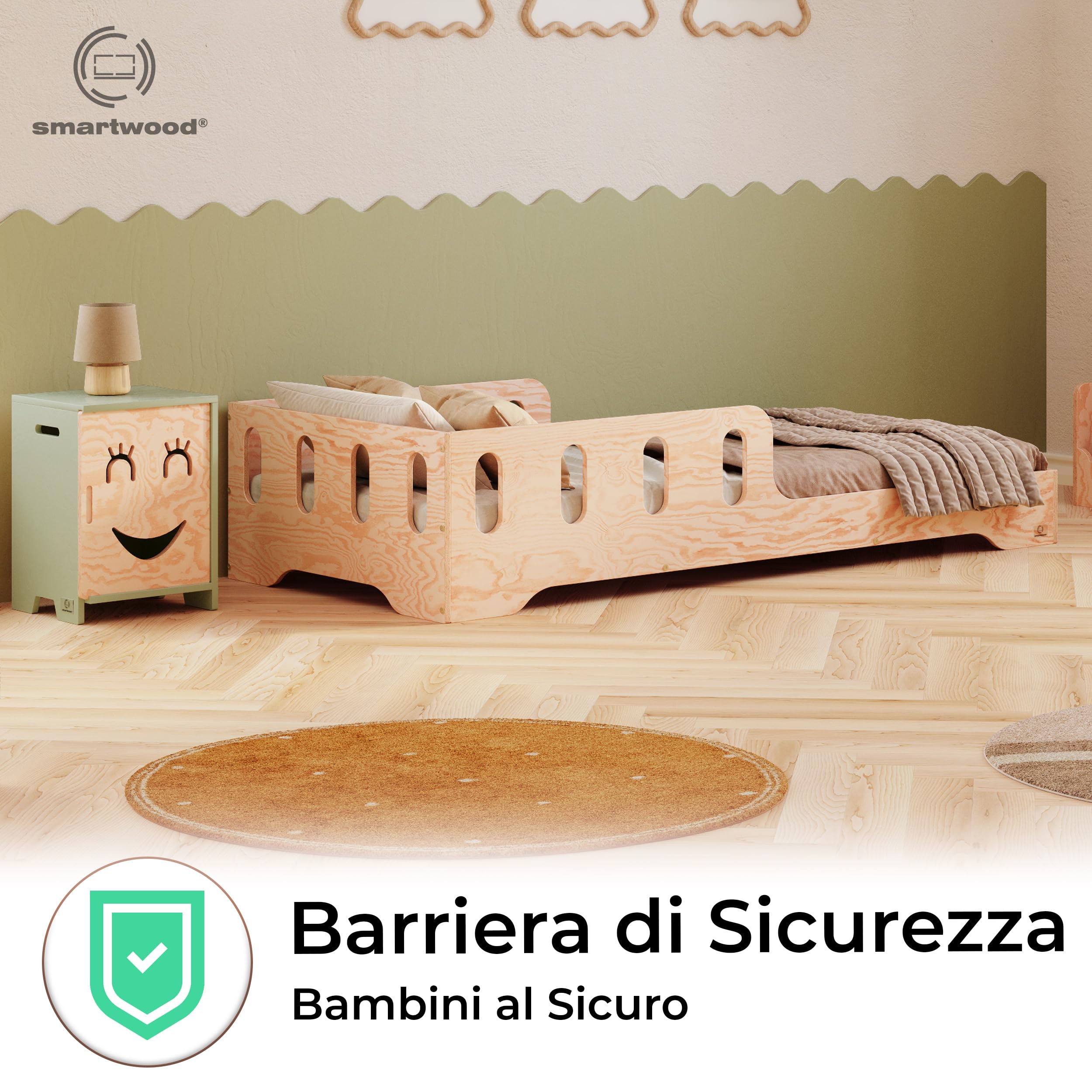 smartwood Letto Montessori Bambini 80x160 cm - Letto Singolo in Legno FSC con Sponda Anticaduta e Doghe Flessibili, portata 230 kg - Per Bambino e Bambina - Montaggio semplice TILA6