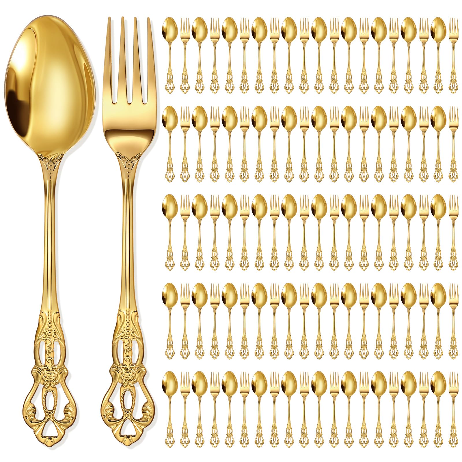 Dandat 100 Pcs Retro Gold Silverware Set Heavy Duty, Dinner Fork and Spoon