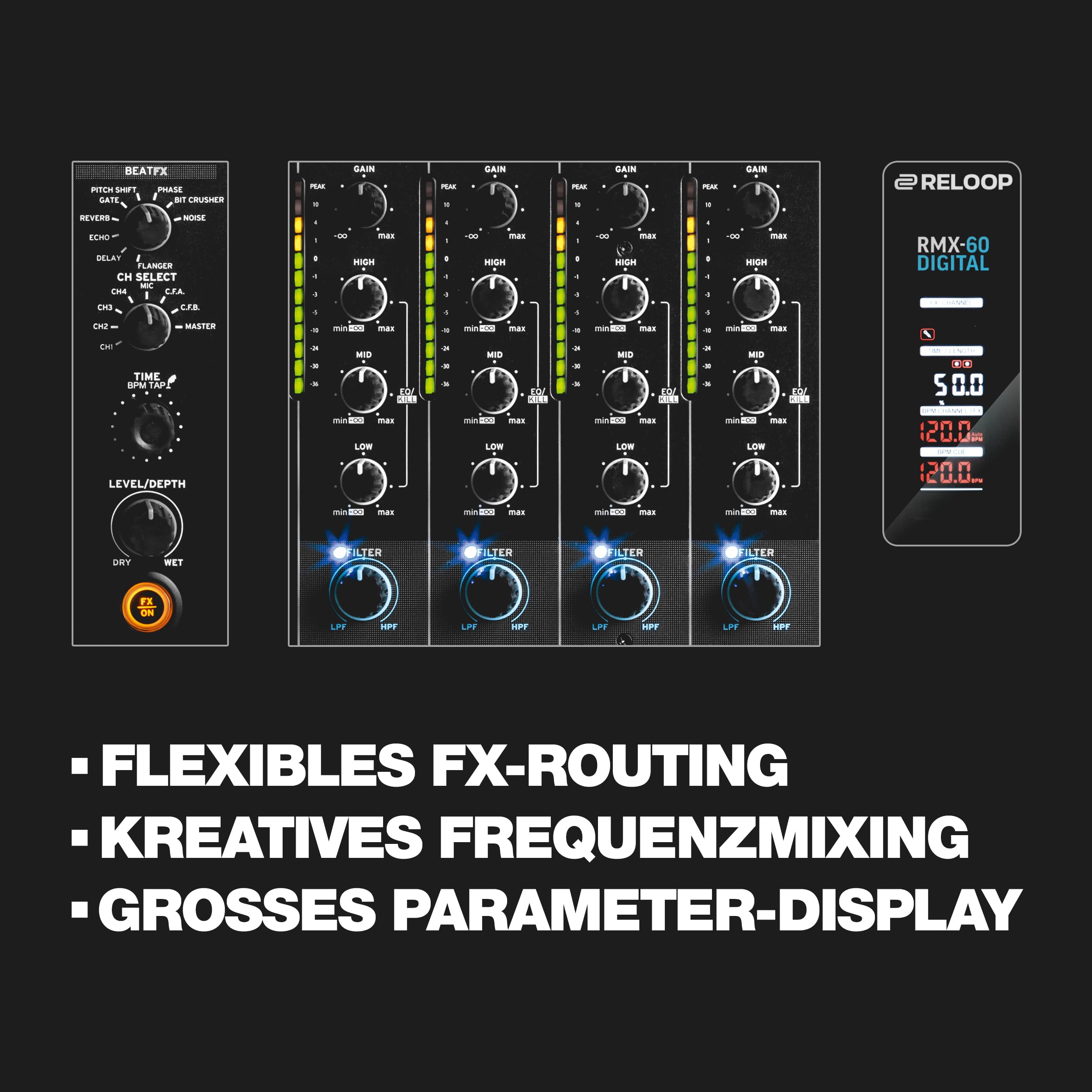 Reloop RMX-60 Digital - Klassischer 4+1 Kanal Performance Club DJ Mixer, 9 High-Quality Performance-Effekte in Studioqualität, 11 Inputs, 6 Outputs, Bipolarer Filter