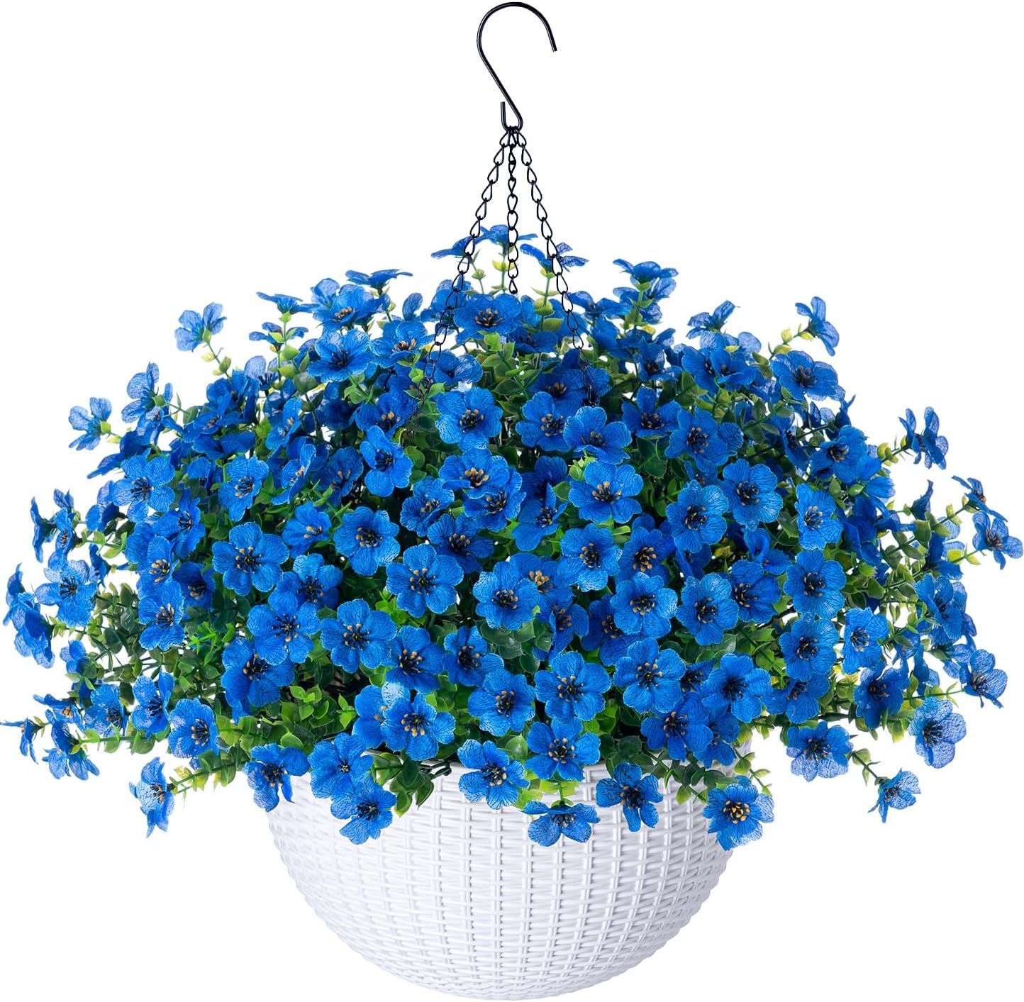 Artificial Fake Hanging Plants Flowers Basket for Outdoor Outside Decoration, Faux Silk Blue Daisy UV Resistant Look Real for Porch Patio Balcony Home Yard