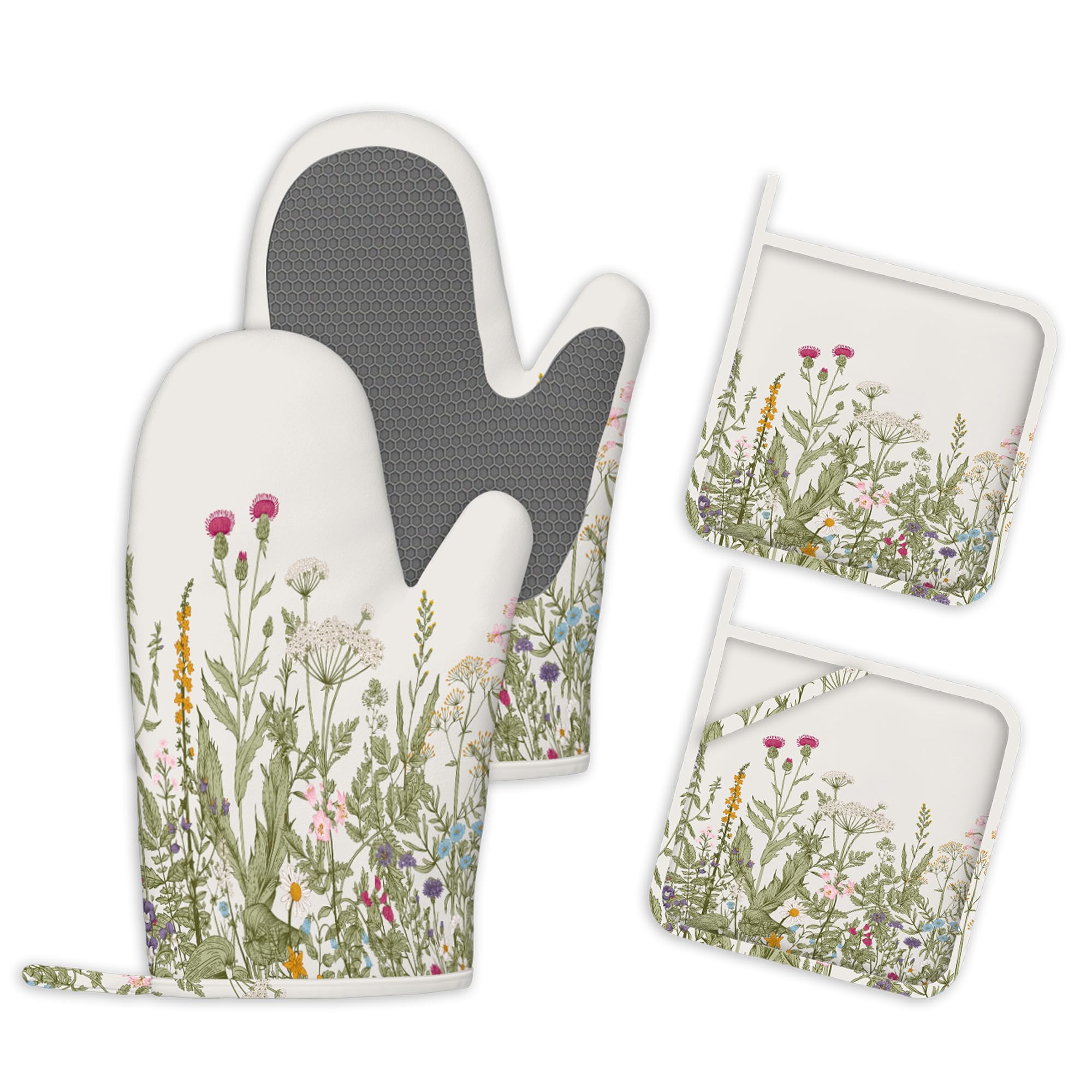 4er Set Ofenhandschuhe und Topflappen Vintage Blumen Silikon Küchenhandschuhe Topfhandschuhe Hitzebeständig rutschfest Backofen Handschuhe Kochhandschuhe zum Kochen Backen und Grillen