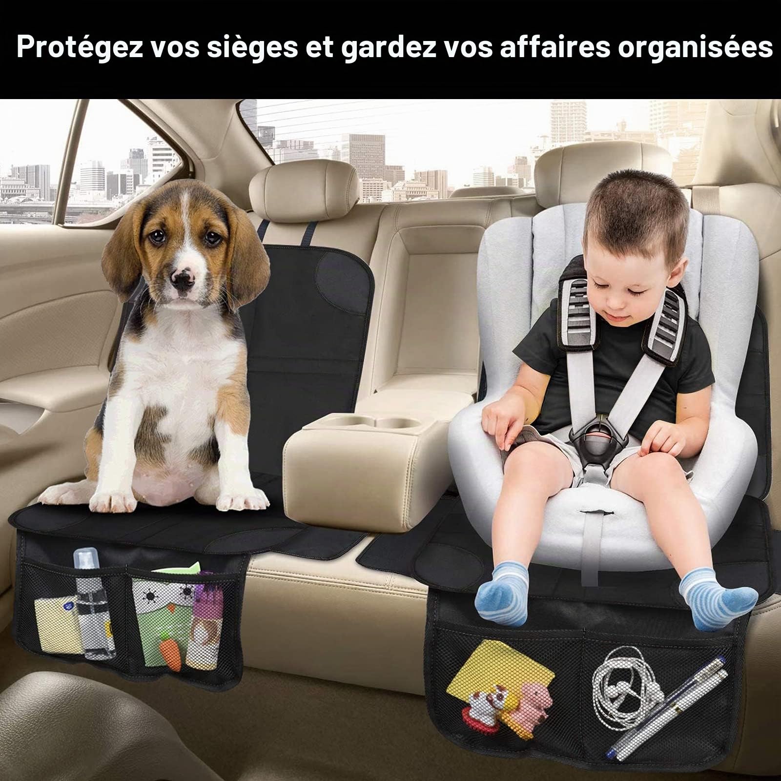 2 Pièce Protection Siege Voiture Enfant et Chien, Housse Antidérapante Universelle avec Poches de Rangement, Protege Siege Auto Facile à Nettoyer, Compatible ISOFIX, Housse Siege Auto Bebe
