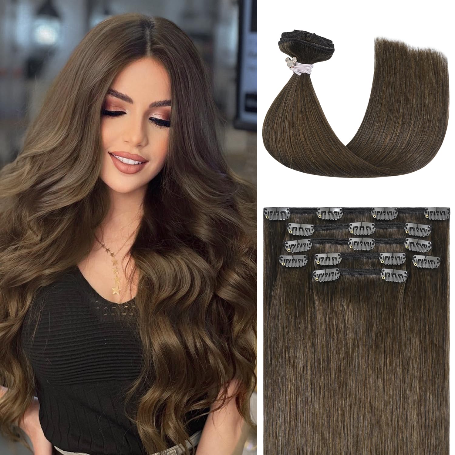 Honsoo Brown Hair Extensions Clip In Human Hair Extensions Natural Soft Hair Medium Brown 100g 20in 7pcs Can Be Styled Long Straight Hair