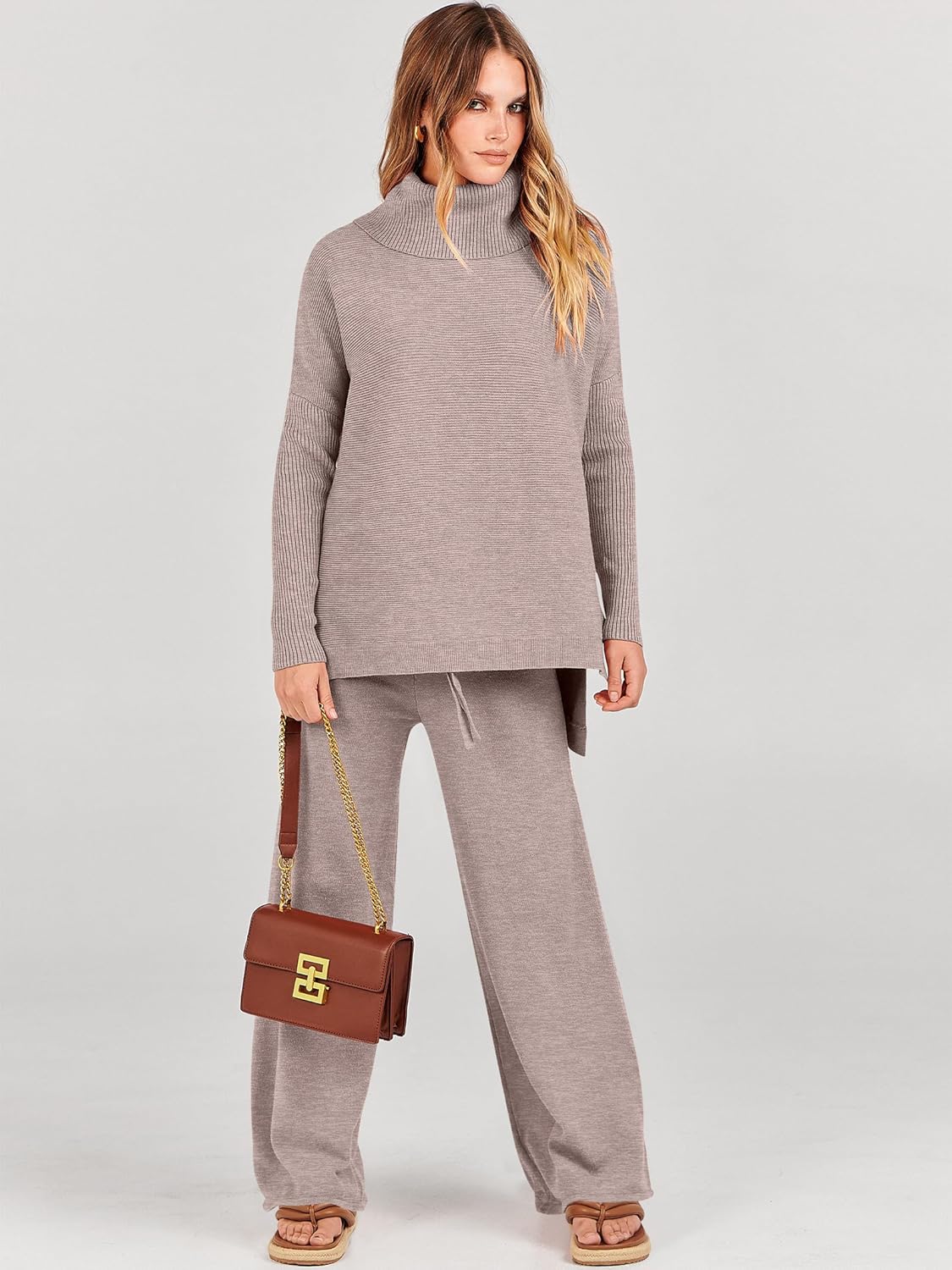 ANRABESS Women Two Piece Outfits Oversized Turtleneck Knit Pullover Sweater Top Wide Leg Pants Lounge Set Sweatsuit 2025 Fall - Image 2