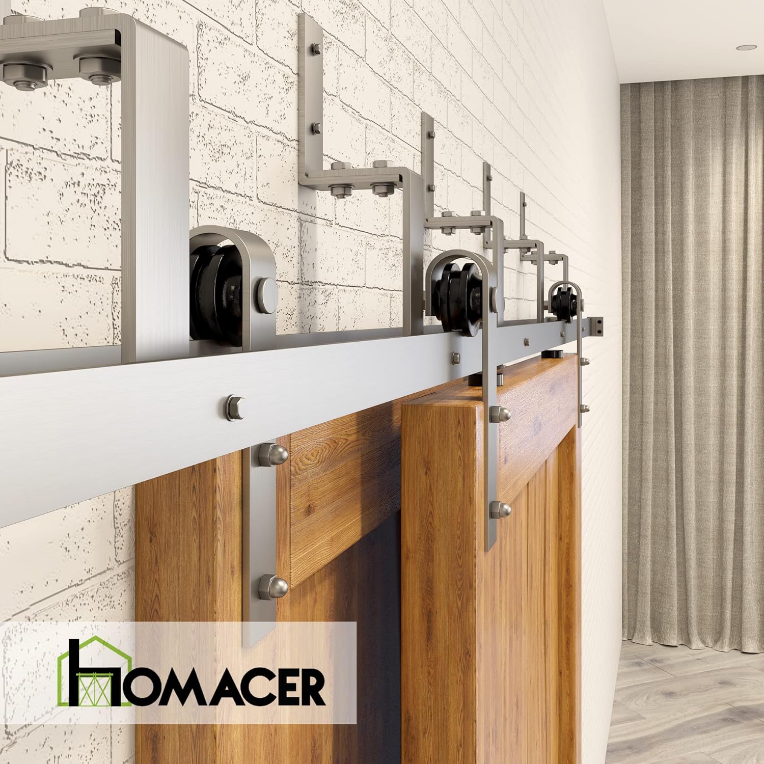 Homacer Brushed Nickel Double Track Z-Shape Bypass Sliding Barn Door Hardware Kit, for Two/Double Doors, 4.5ft Long Flat Track, Classic Design Roller