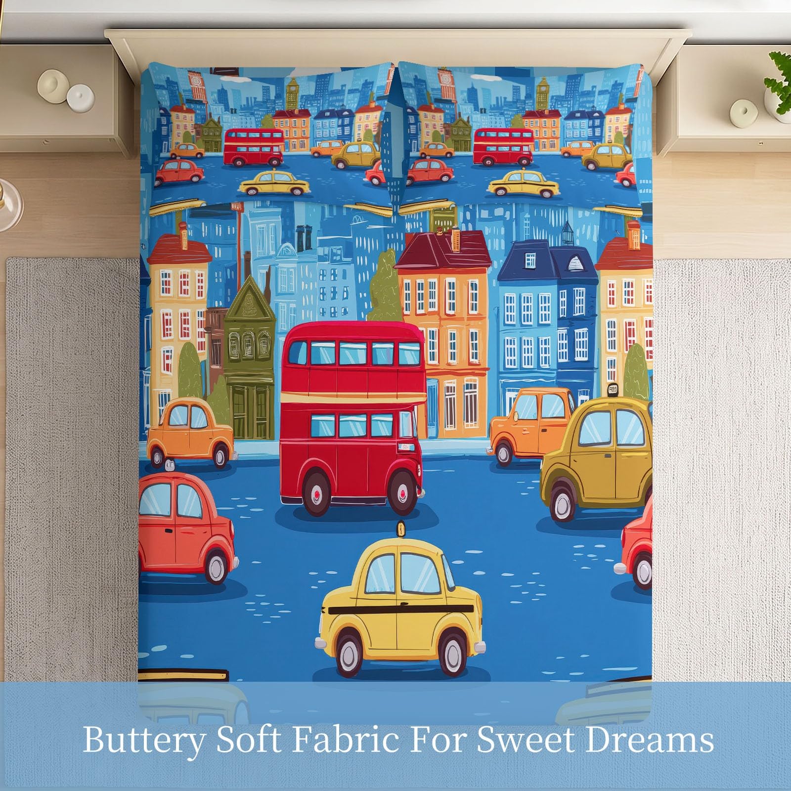 Juego de 3 sábanas bajeras ajustables de 90 x 200 cm para cuna, diseño de dibujos animados, de microfibra transpirable, sábana bajera con vehículo y 2 fundas de almohada de 80 x 80 cm con cremallera