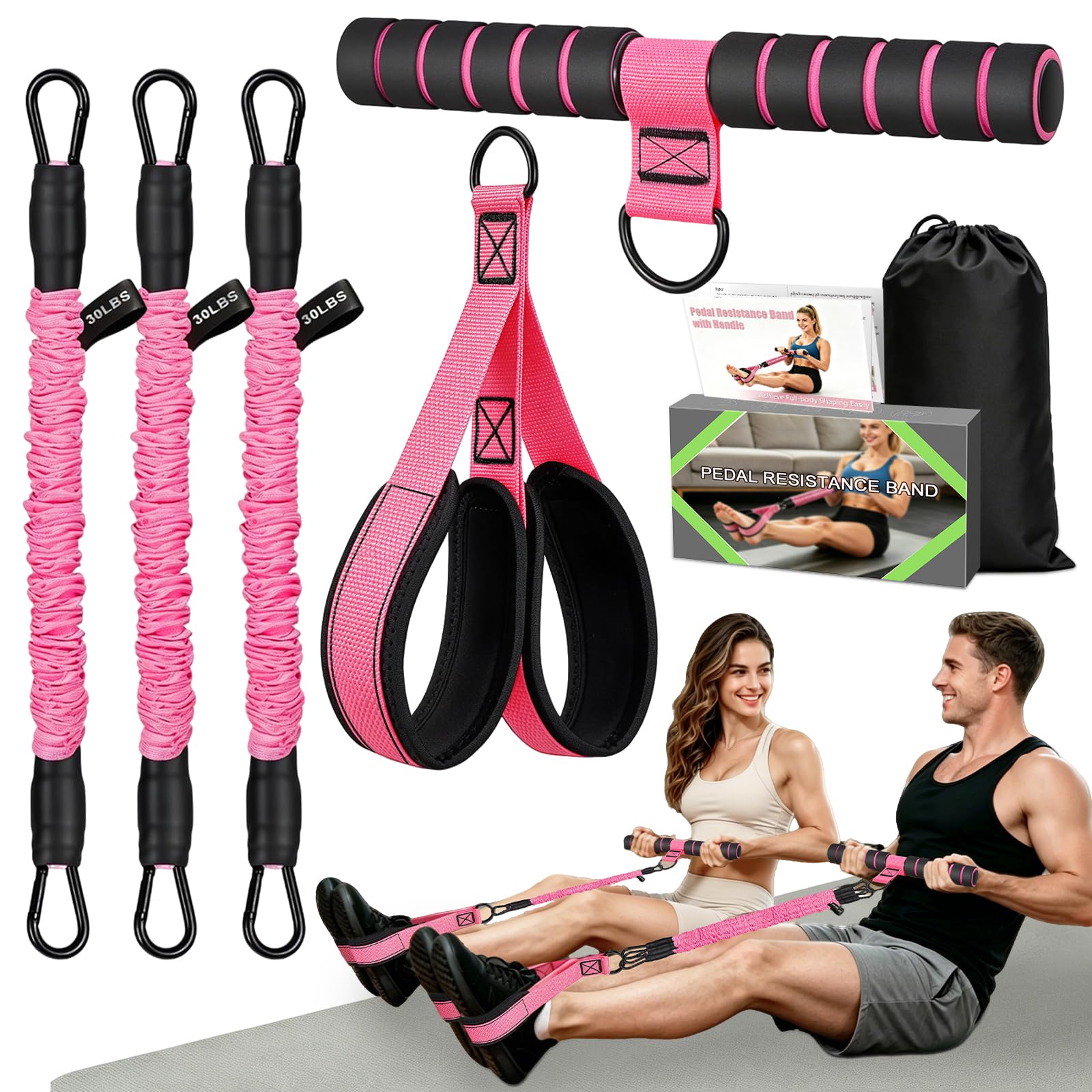 Pedal Resistance Band with Handle, 3-Tube Exercise Band for Women