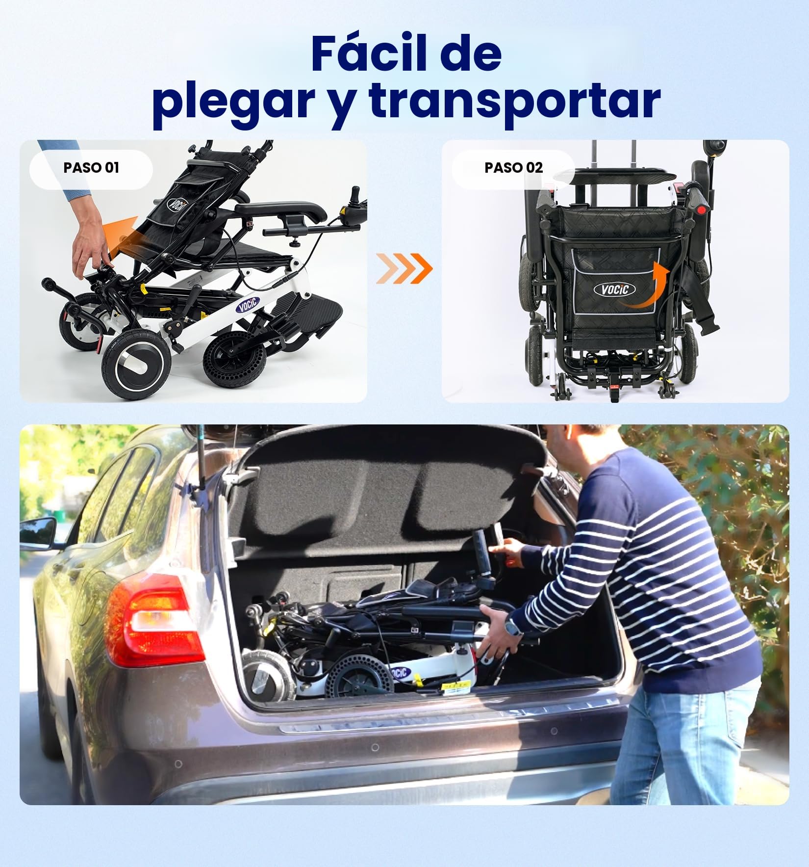 VOCIC V55 Silla de ruedas eléctrica plegable ligera con control trasero | silla de ruedas eléctrica de hasta 136 kg, para todo terreno, silla de ruedas eléctrica de 500 W con Bluetooth (21 kg)