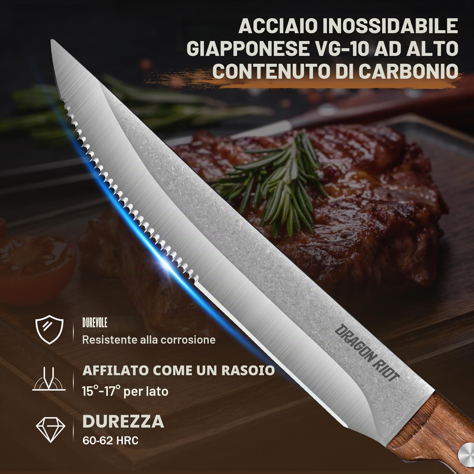 DRAGON RIOT Set Di 8 Coltelli Da Bistecca, Coltelli Da Carne Con Manico In Legno, Set Di Coltelli Da Tavola Con Confezione Regalo