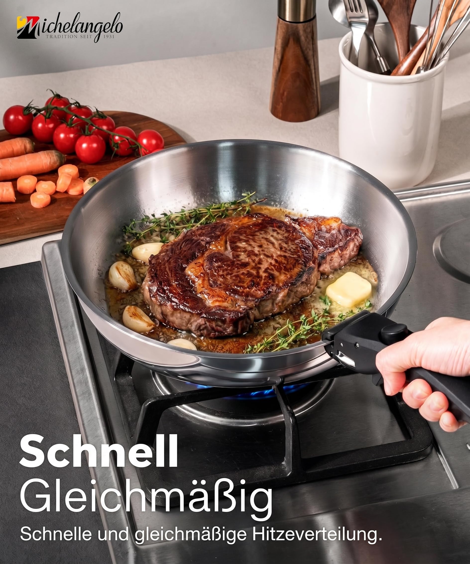 MICHELANGELO 14-teiliges Topfset Induktion, Edelstahl, abnehmbare Griffe | Stapelbares Kochgeschirr Set | Durchgehend 3-lagig | Platzsparend für Camping & Wohnmobil | Topf- und Pfannenset