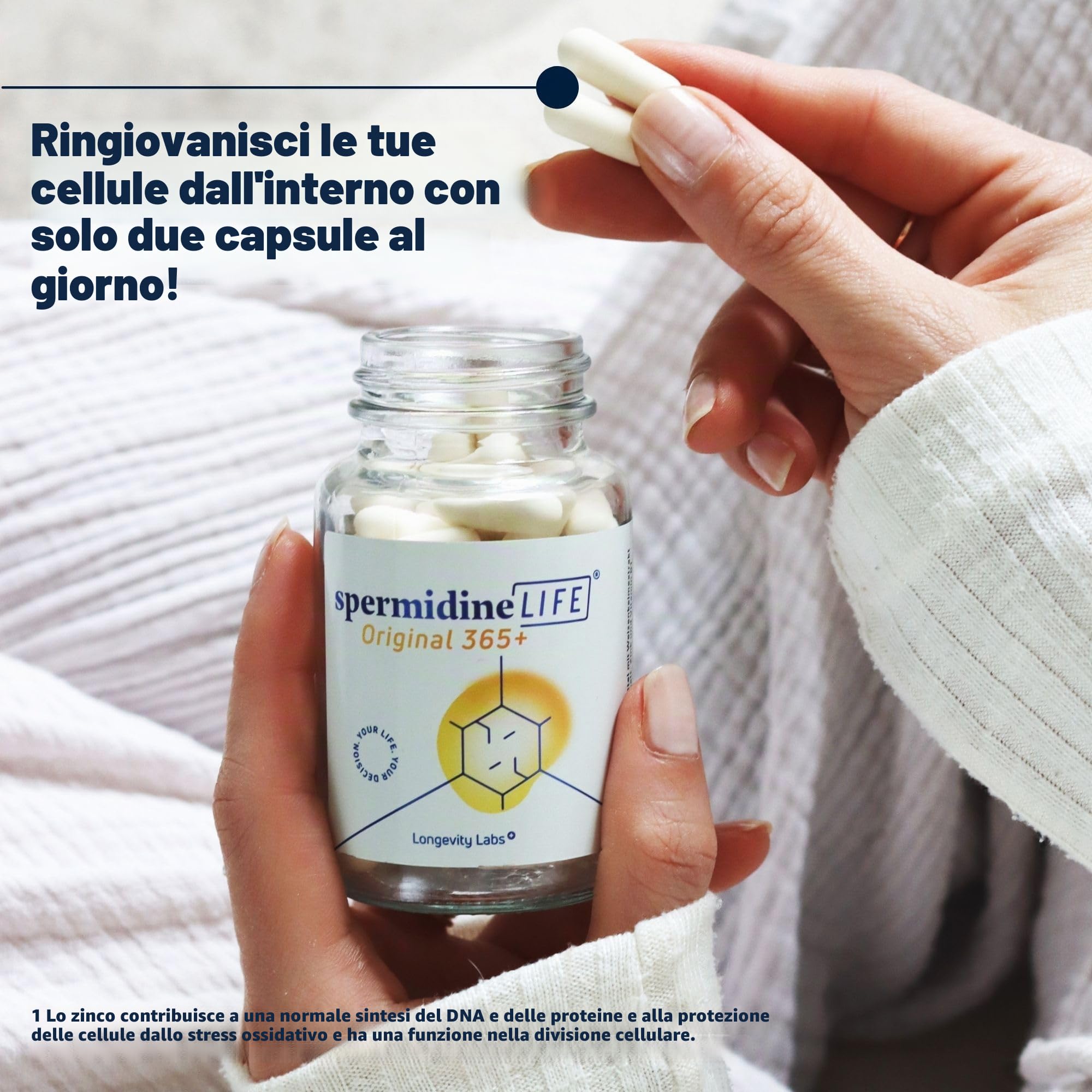 spermidineLIFE Originale 365+ 2 mg di spermidina da CelVio Estratto di germe di grano con zinco e vitamina B1 – Capsule vegane per il supporto quotidiano del rinnovamento cellulare e dell'autofagia