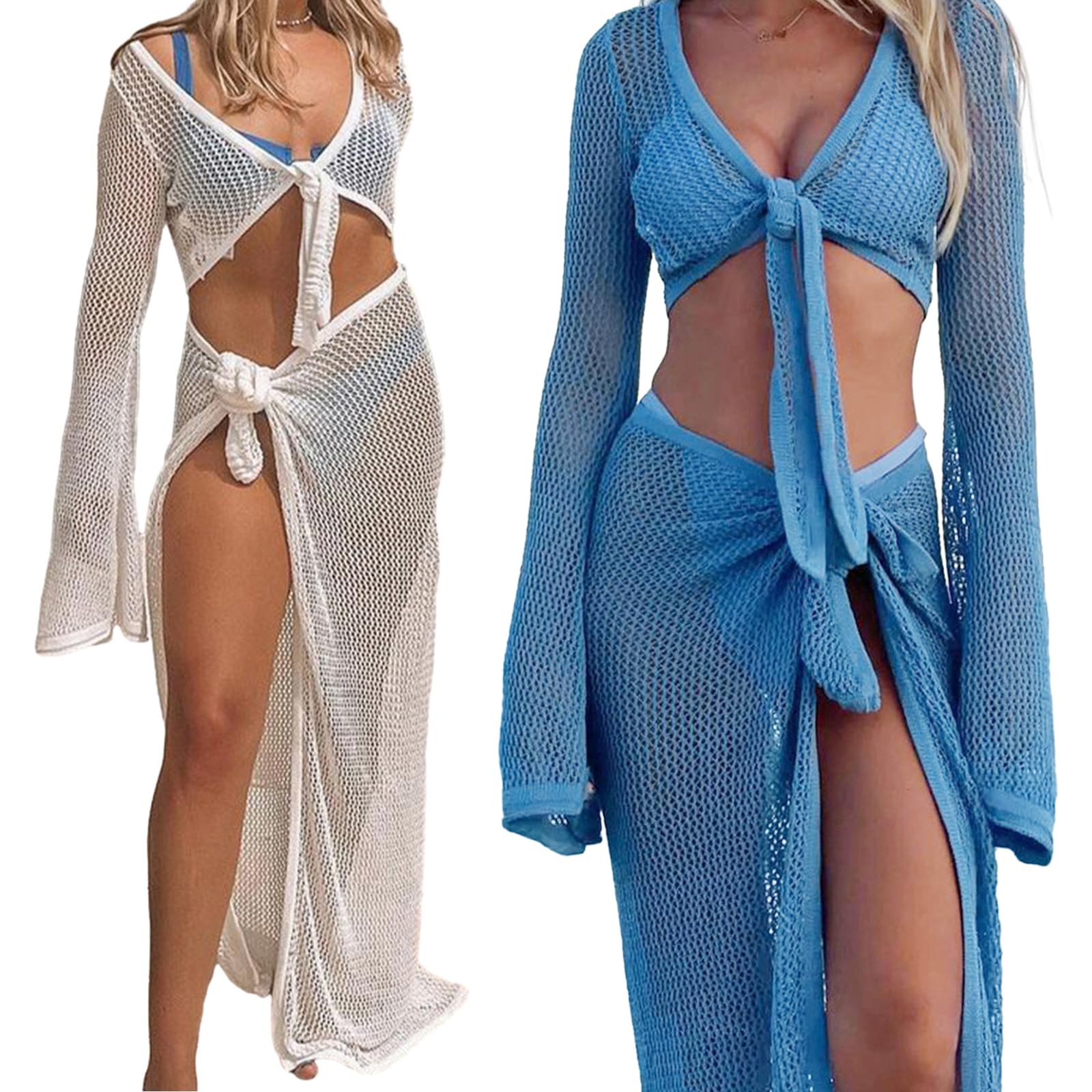 Costumi da bagno da donna Coprire Scollo a V Crochet Crop Top e Wrap Gonna Spiagge Piscina Costumi da bagno Donna Spiagge Cover Up Set
