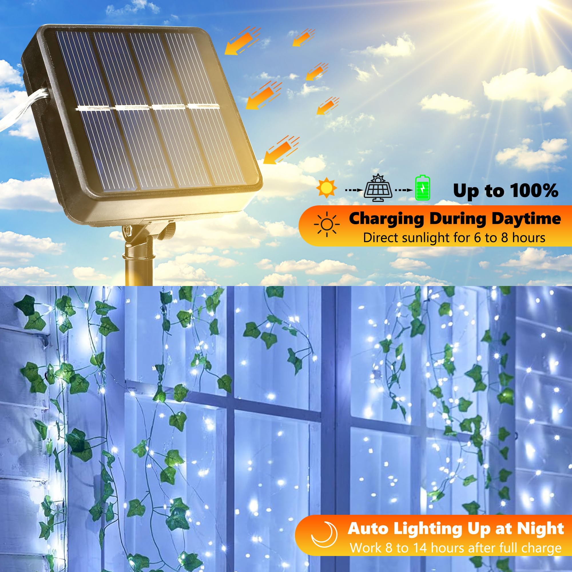 A close-up view of the thin, flexible black wire and small LED bulbs on the Joomer solar string lights.
