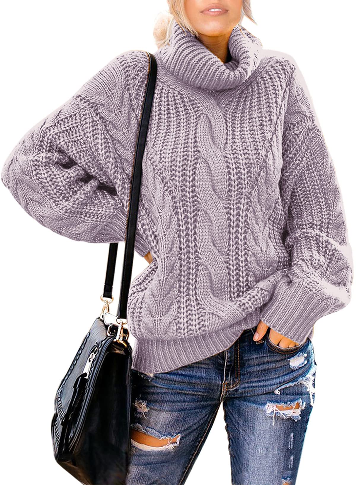 Womens Turtle Cowl Neck Solid Color Soft Comfy Cable Knit Pullover Sweaters S-2XL
