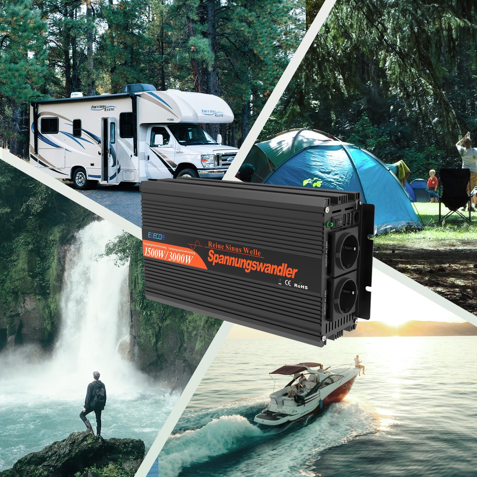 EDECOA Inversor 12v 220v Onda Pura Convertidor de Corriente 1500w con 2 USB Mando a Distancia Transformador 12v 230v y Pico momentaneo 3000w (3a generacion)