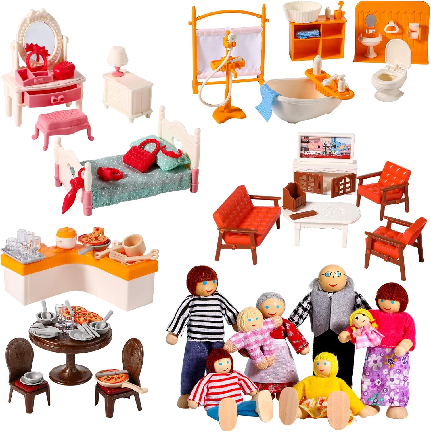 HyDren 83 Pcs Wooden Dollhouse Furniture Set with 8 Flexible Dolls for 5 Rooms Kits Kitchen, Dining, Living Room, Bedroom, Bathroom Dollhouse Accessories and Furniture Toys for Girl Boy Toddlers Gift