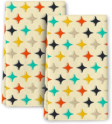 Juego de toallas de cocina retro con estrellas modernas de mediados de siglo, juego decorativo absorbente vintage amarillo, toallas de mano, toallas