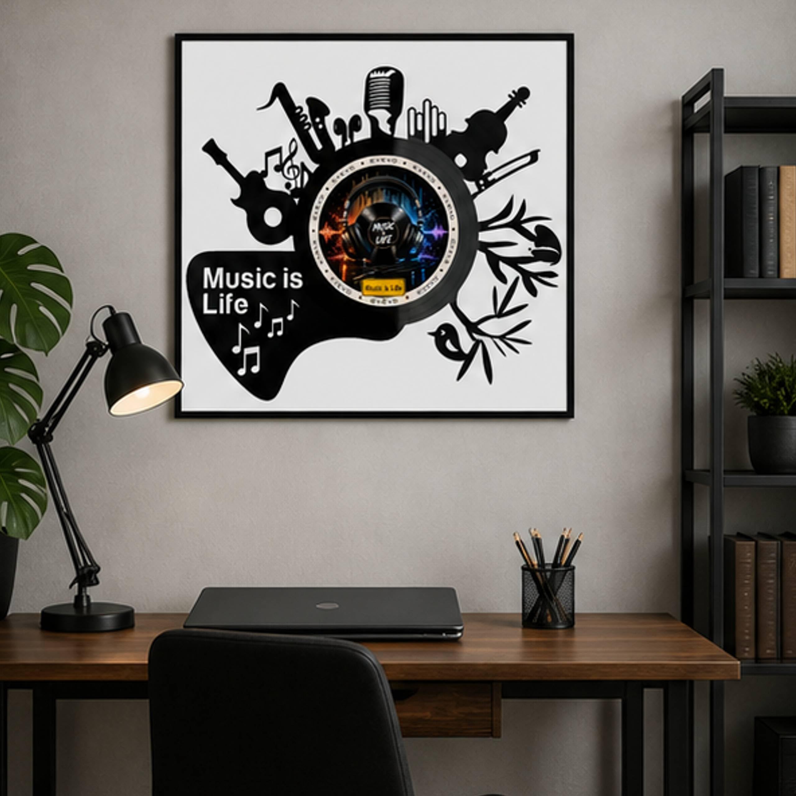 EVEVO Decorazione da parete in vinile, con cornice, 32 x 32 cm, motivo: Music is Life, idea regalo per musicisti e amanti della musica