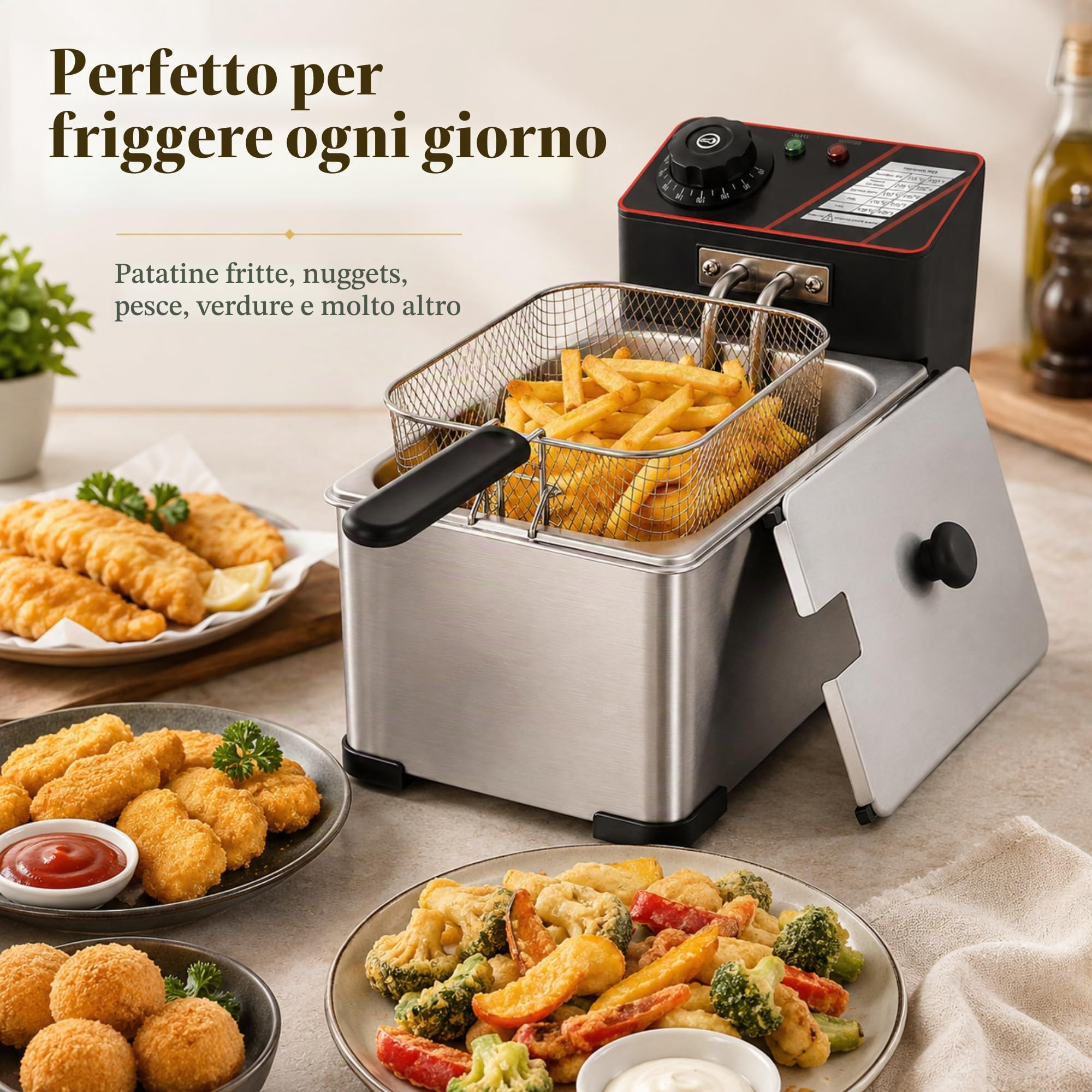 Friggitrice Elettrica Professionale 3L in Acciaio Inox | Friggitrice a Olio, Cestello Estraibile, Temperatura Regolabile, Design Compatto, Per Casa, Bar, Cucina e Ristorazione