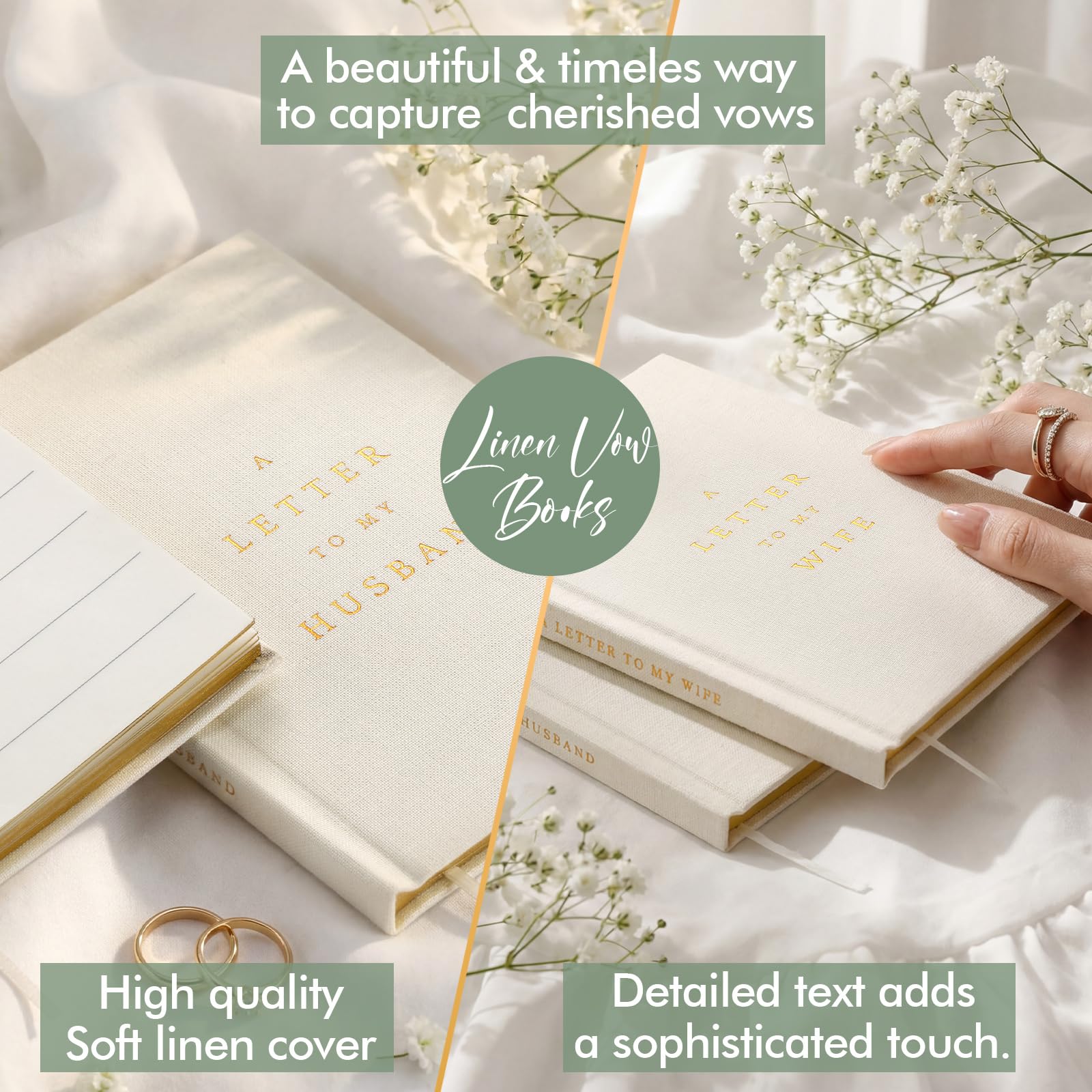 Juego de 2 libros de votos de boda para él y ella, idea de regalo para novia o novio, lámina dorada, 80 páginas a rayas, regalo esencial para invitados recién comprometidos (marfil)