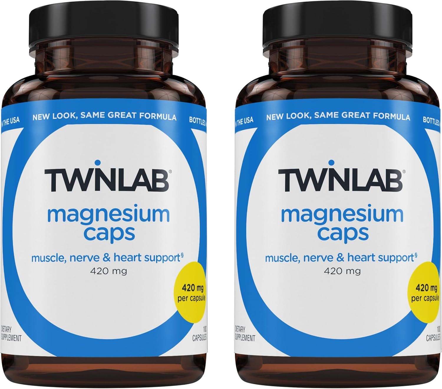 Twinlab Magnesium Caps – High Absorption Magnesium Supplement to Support Leg Cramps Relief – Magnesium Capsules for Stress Relief, 420 mg, 100 Count, 2 Pack