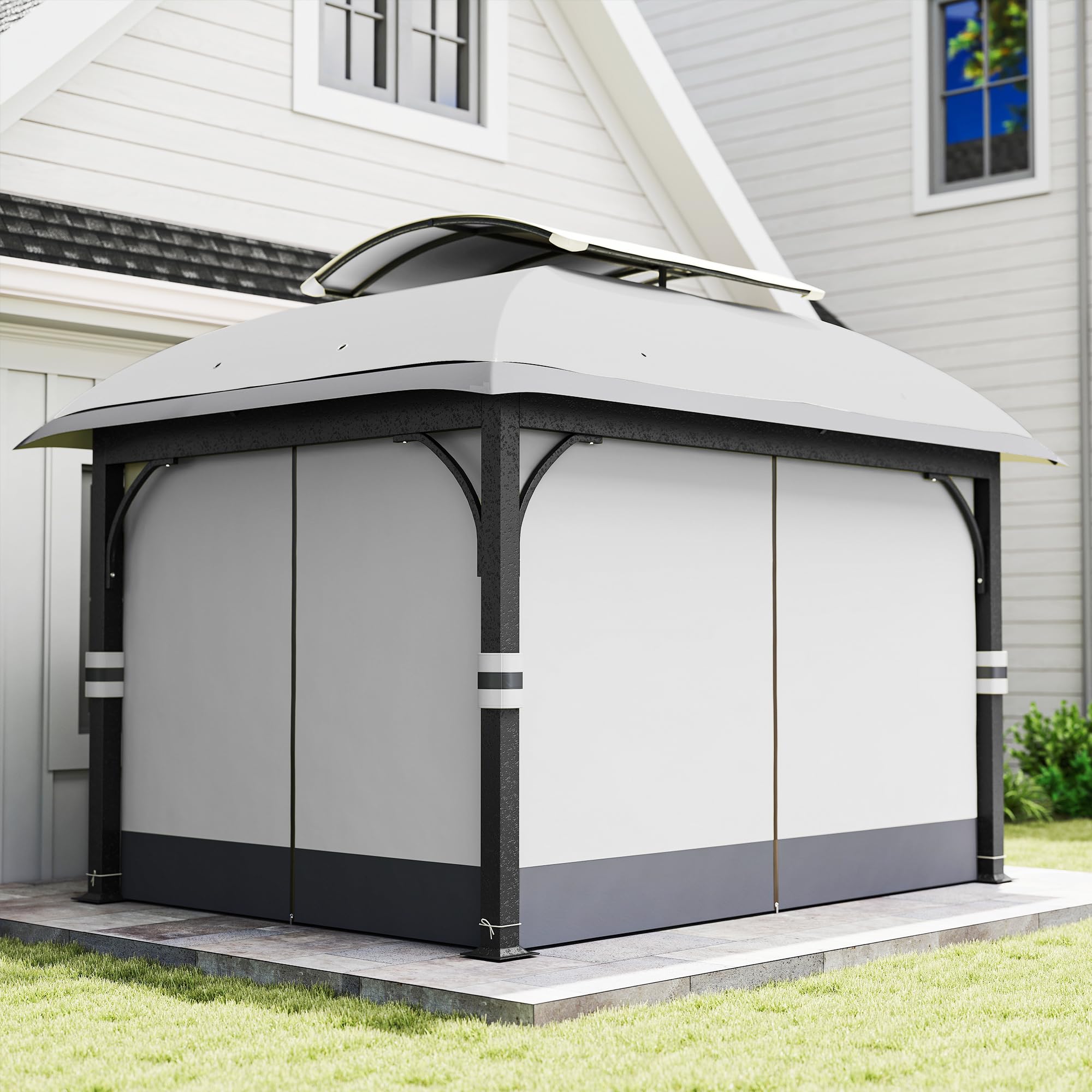 Outsunny Pavillon mit Doppeldach, 4x3,3 m, wasserabweisend und stabil, Winterfest Gartenpavillon aus verzinktem Metall mit Moskitonetz und Seitenteilen, für Garten oder Terrasse, Hellgrau