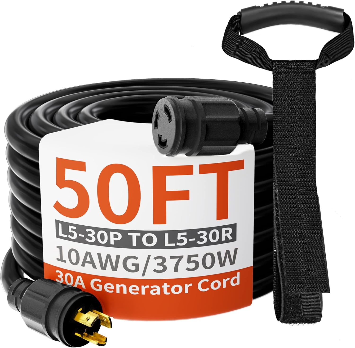 huanchain 3 Prong 30 Amp Generator Cord 50 Feet Heavy Duty,NEMA L5-30P/L5-30R 10 Gauge 125V SJTW Black Lock Generator Extension Cord Waterproof, ETL Listed