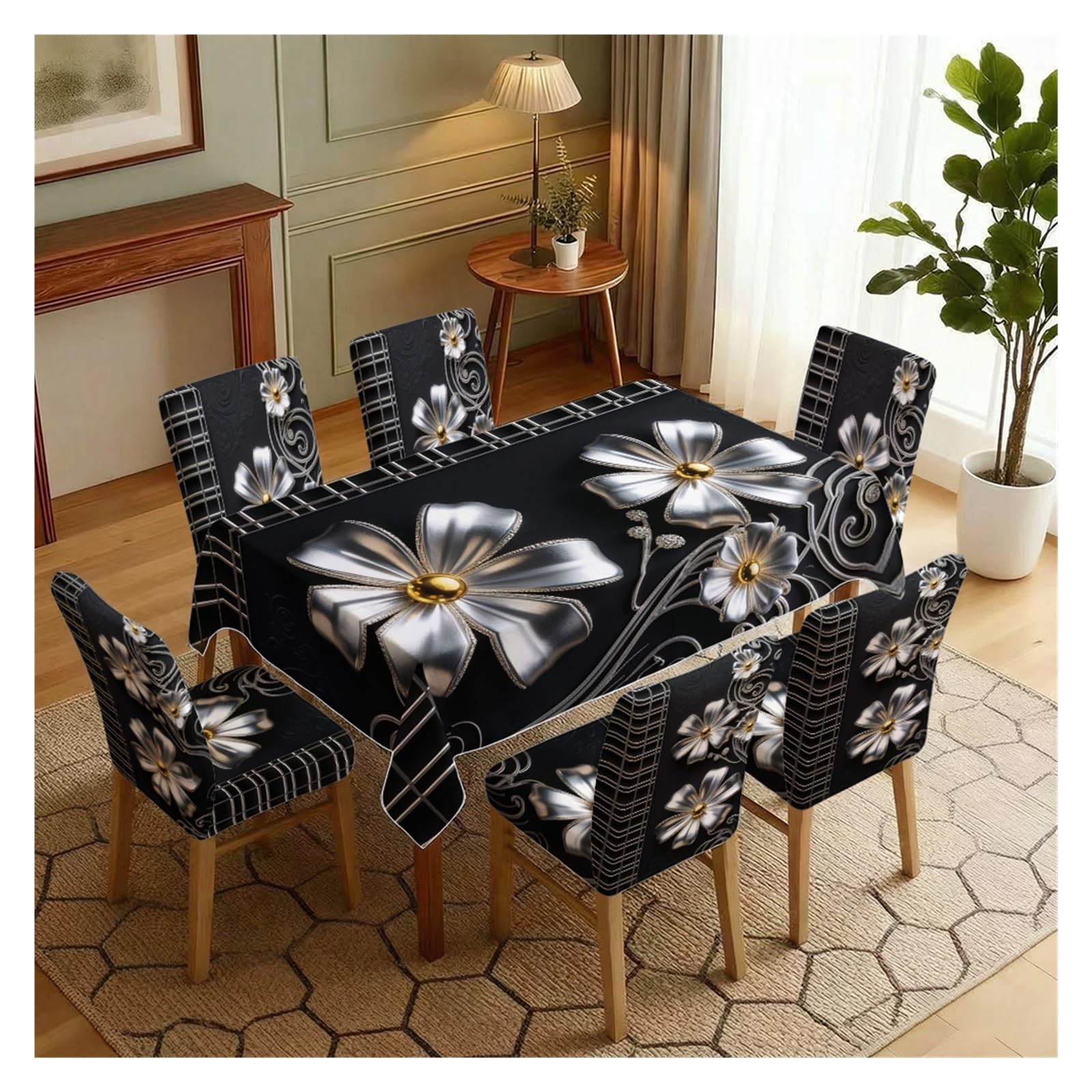 Set housses chaise et nappe mariage et banquet au motif fleur argent noir