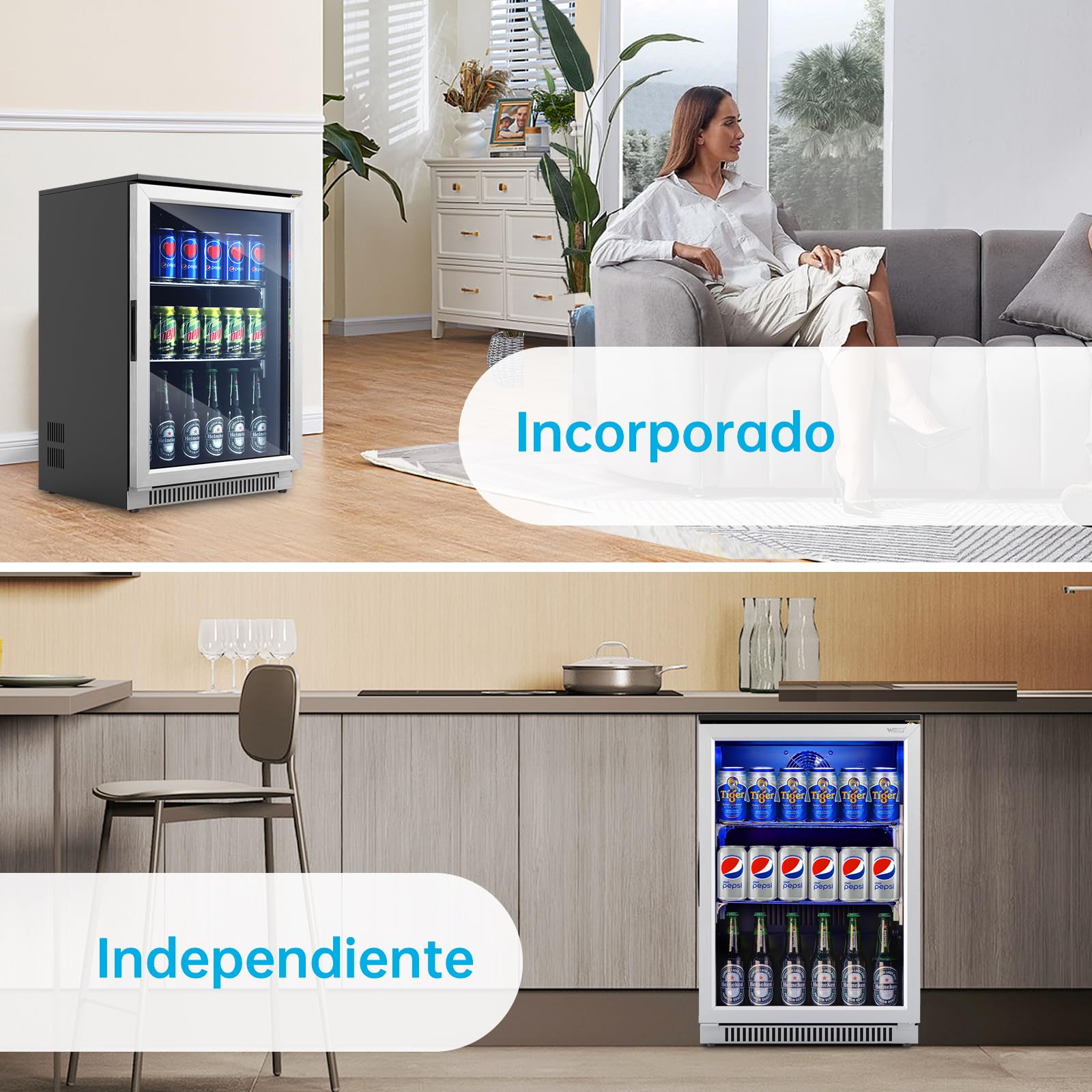 Weili 90L Frigoríficos para Bebidas, Refrigerador con Puerta de Vidrio con Iluminación LED Azul, Nevera Portatil Electrica Rango de Temperatura 3-10°C, Refrigeradores de Vino para Cerveza/Jugo