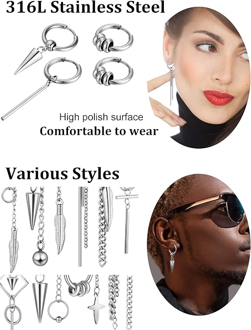 Hicarer 20 Pcs Men Dangle Earrings Stainless Steel Huggie Hoop Drop