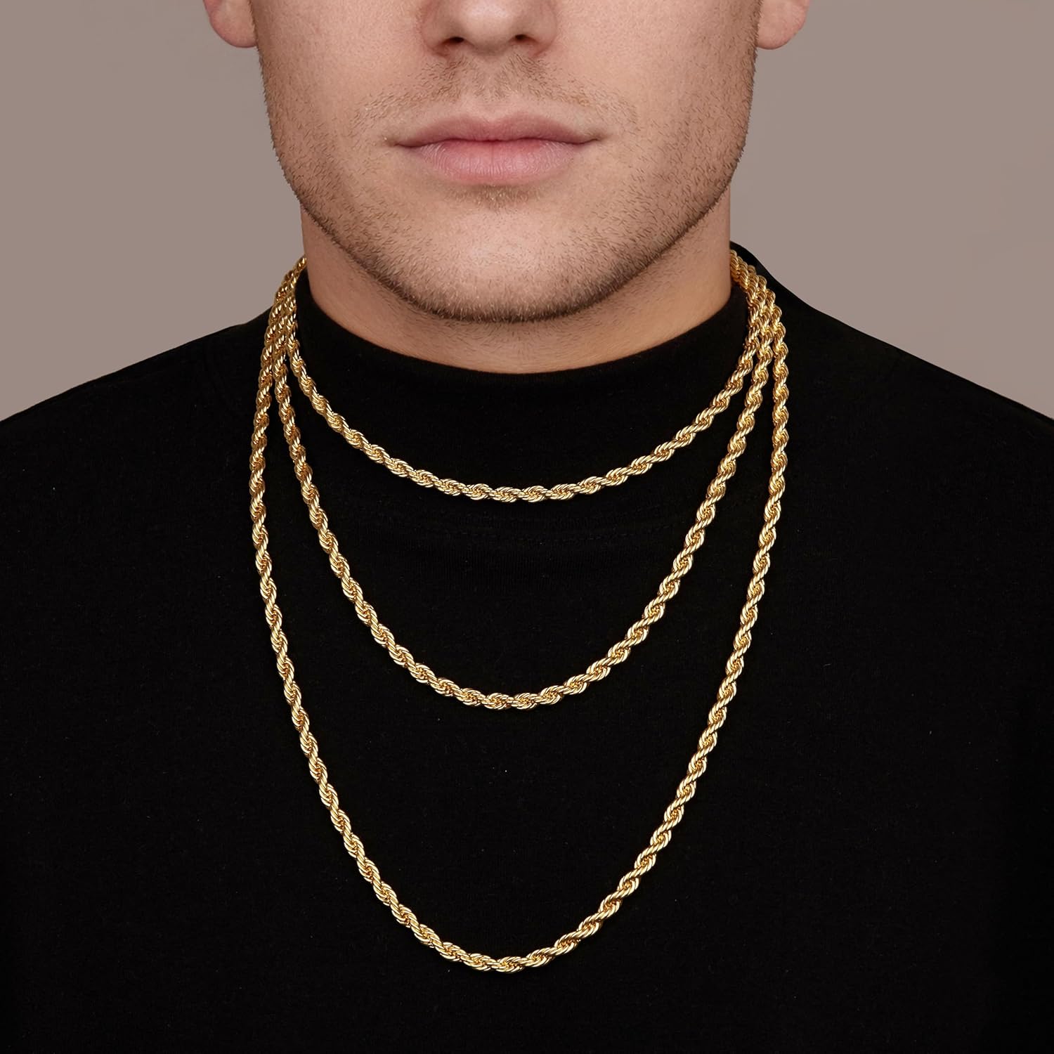 Rope Chain Necklace for Men Women, 316L Stainless Steel Twist Link Chain for Men, Gold Silver Black Tone, Hypoallergenic Waterproof Jewelry Gift for Him Her 3mm 4mm 5mm, 16/18/20/22/24/26 Inch - Image 3