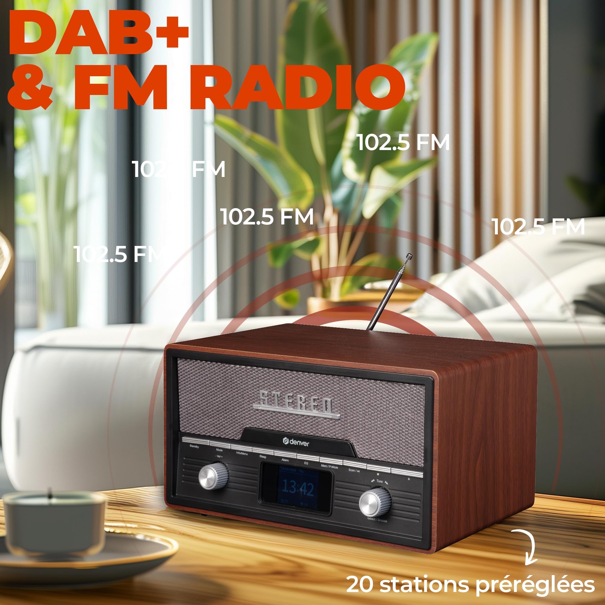 DENVER MDA-525DW Retro Mikro HiFi Anlage - DAB+ & FM Radio - CD-Player - Bluetooth - USB-Anschluss - AUX-Eingang - Weckerfunktion - Kompakte Stereoanlage im Holz Design | All-in-One Holzkonstruktion, 2x50W, Elegantes Retro Design, Für Wohnzimmer, Büro