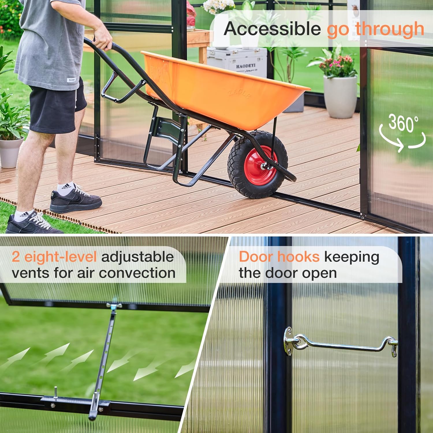 AMERLIFE 14x9.5x9FT Walk-in Polycarbonate Greenhouse with Quick Connector, Fast Assembly Aluminum Greenhouse for Outdoors, Swing 2 Doors, Black