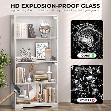 BROTTAR Display Cabinets with Glass Doors & 3 Color Lights, 4 Tier Curio & Bookcase Storage Cabinet for Living Room, Glass Display Cabinet for Collectibles, Trophy, Books, White