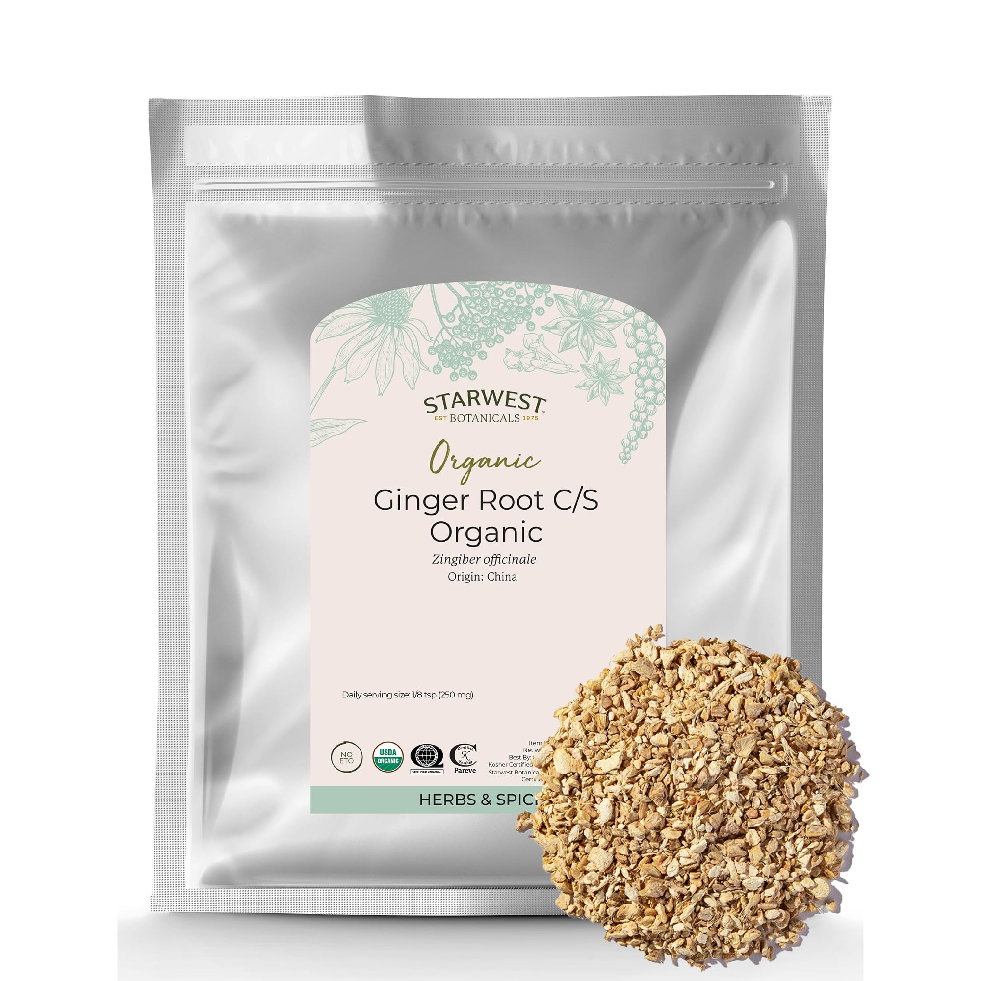 Starwest Botanicals Organic Ginger Root - Dried Ginger Herb for Tea, Baking, & Cooking, Cut and Sifted, Natural Herbal Spice, Supports Digestion, Certified Kosher, Non-GMO - Bulk 1 lb Bag
