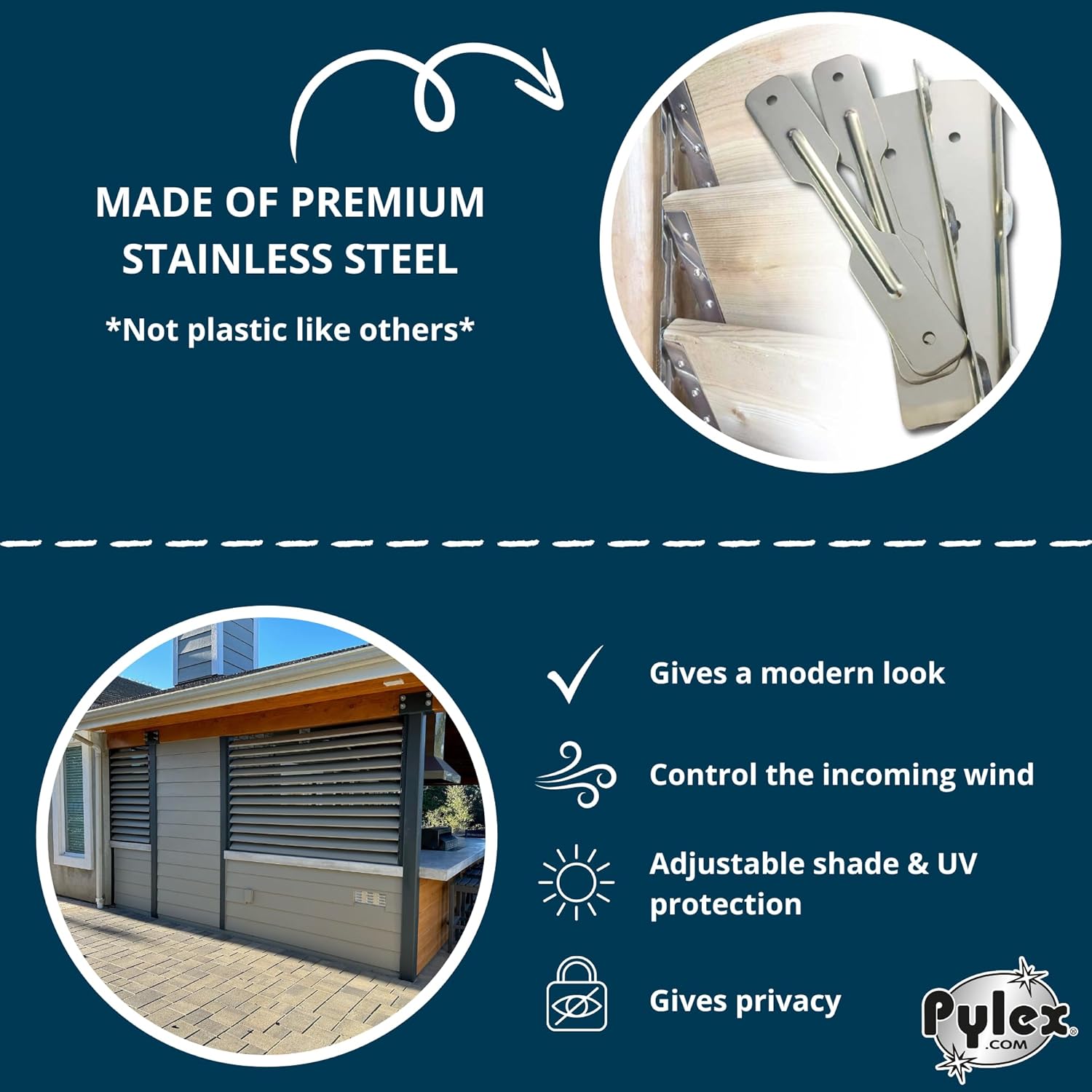 Pylex Deck Sunblind System 11070, Louvers Bracket Shutter Hardware Kit, Up to 11 Boards (48'') - Stainless Steel Brackets