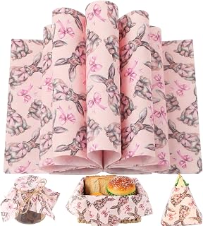 150 Sheets Retro Bunny Bow Wax Paper for Food, 9.8 x 8.3 inch Girly Bunny Bows Patterns Greaseproof Wrapping Paper for Easter Cocktail Sandwich Picnic Basket Liner Supplies