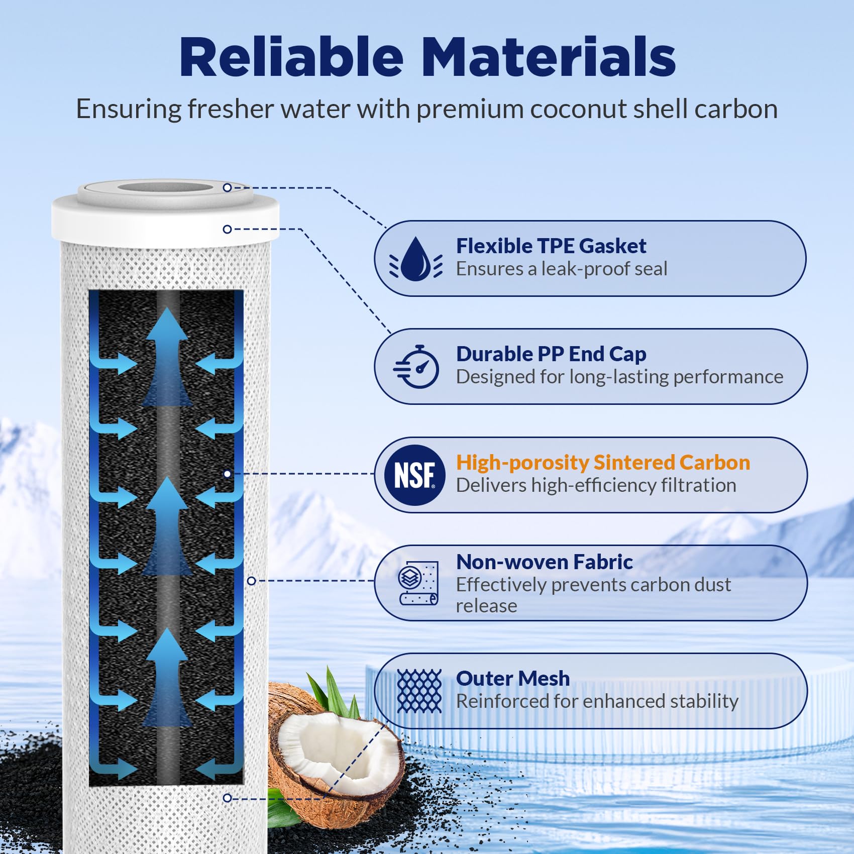 Membrane Solutions Filtre à eau en charbon actif 10"x 2,5", compatible avec le système de filtration domestique sous évier et sur le comptoir, filtration du goût, élimination du chlore, 4 Pack