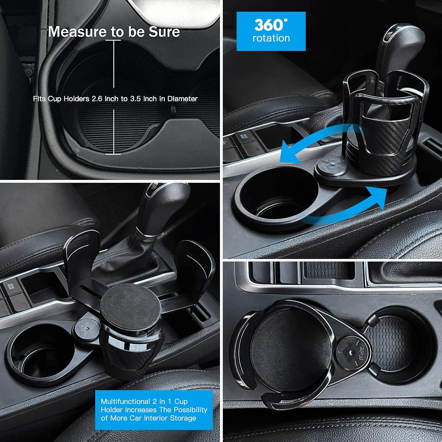 Kshineni Car Cup Holder Expander 2 in 1 Cups Stand Multifunctional Adjustable Water Cup Automotive Drink Holders Bottle Auto Organizers Carbon Fiber Black