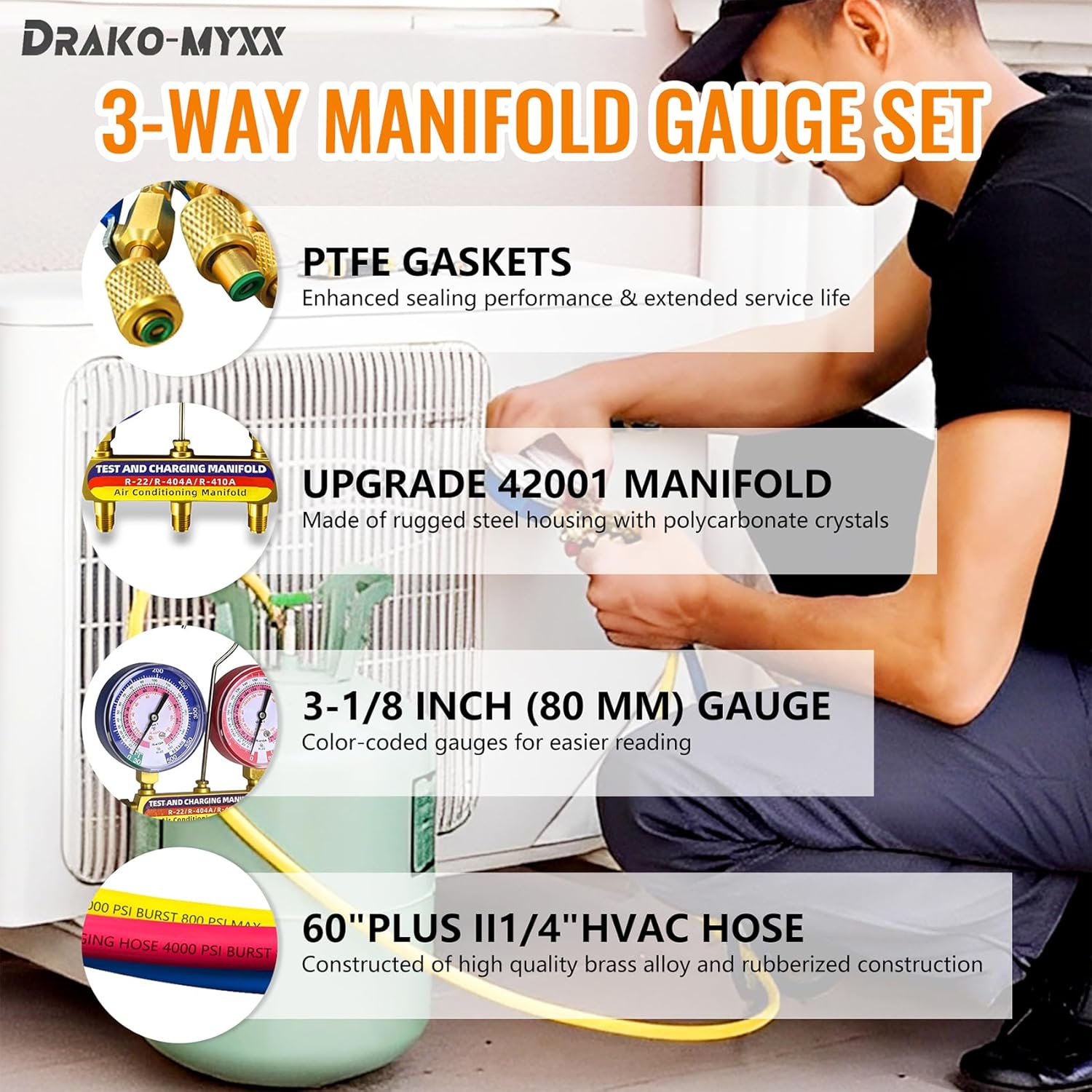 Upgrade 42201 Test & Charging Manifold with 3-1/8" (80 mm) Gauges,60" Refrigerant Hose with Compact Ball Valve,1/4" Standard Flare Fitting,2-Valve,HVAC Manifold for R-22/404A/410A,Yellow/Red/Blue