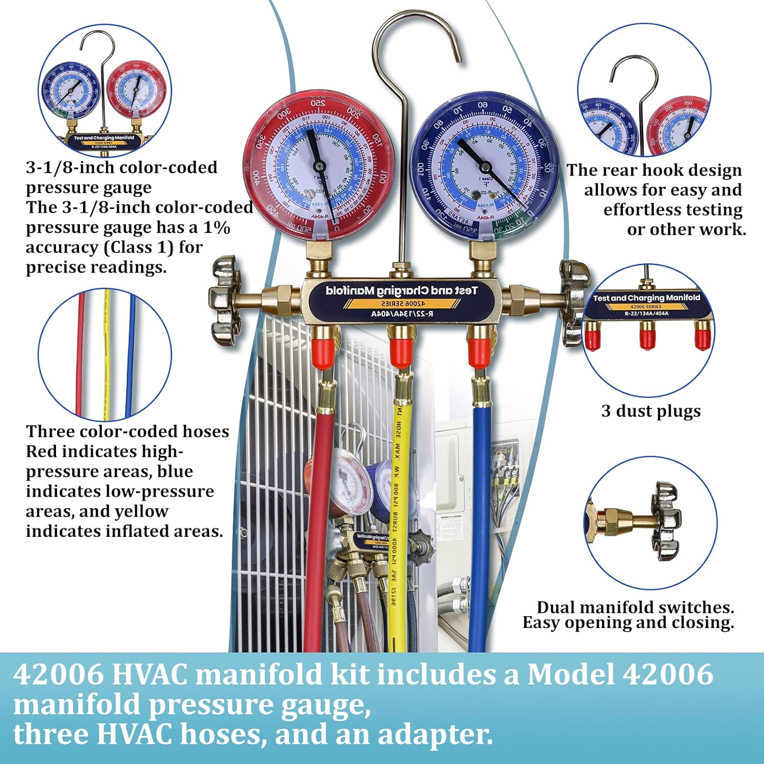 42006 Refrigerant Manifold 41 Series, with 60-inch HVAC Hose and 3-1/8-Inch Gauge, Measures Pressure of R-22, R-134a, and R-404A Refrigerants