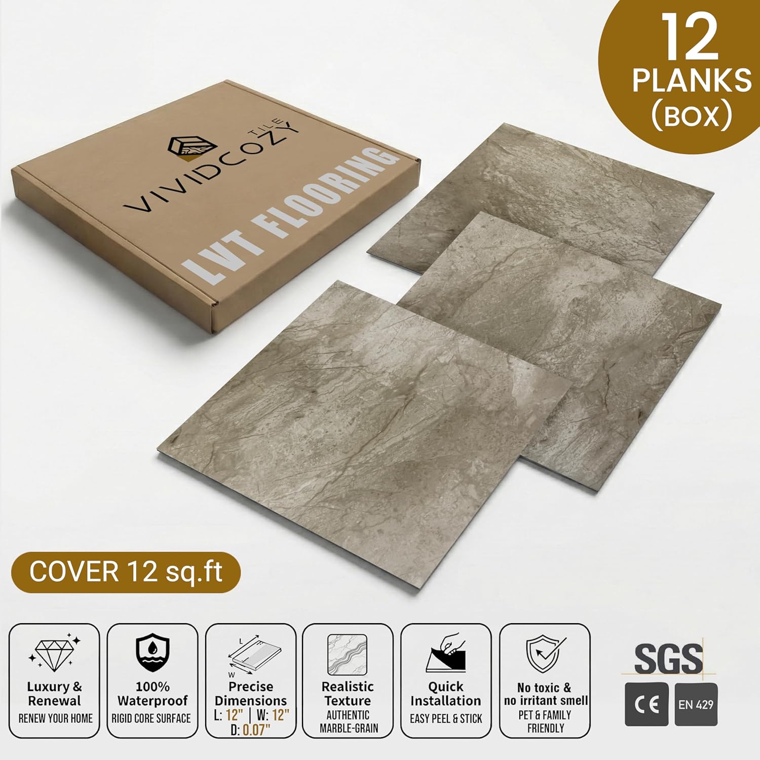 12 Sq.Ft. Peel and Stick Vinyl Backsplash & Floor Tiles, Matte Rustic Brown Marble, Waterproof & DIY Self-Adhesive for Wall, Kitchen, Bathroom, RV (12 Sheets 12"x12").