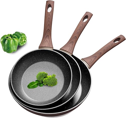 Sartenes antiadherentes, 3 piezas de sartén antiadherente con sartén de 8 pulgadas, 9.5 pulgadas11 pulgadas, mango fresco, revestimiento de efecto